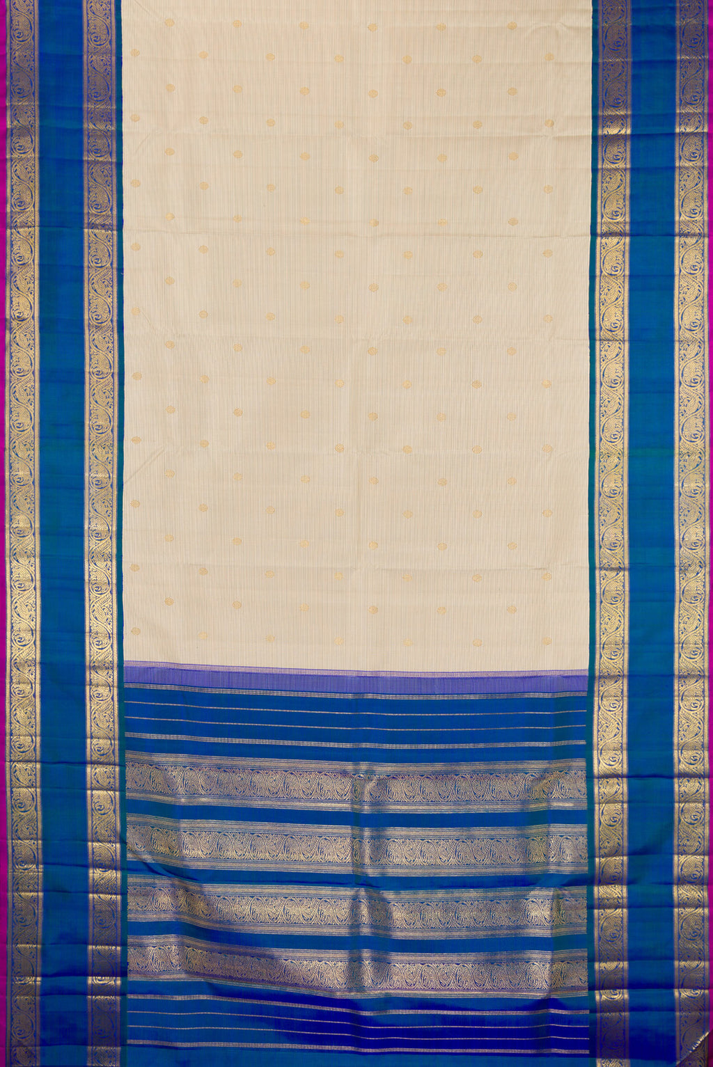 Flat view of Pure Silk Pure Zari Cream Kanjivaram Saree with Zari Butta on the body and Zari Border. 