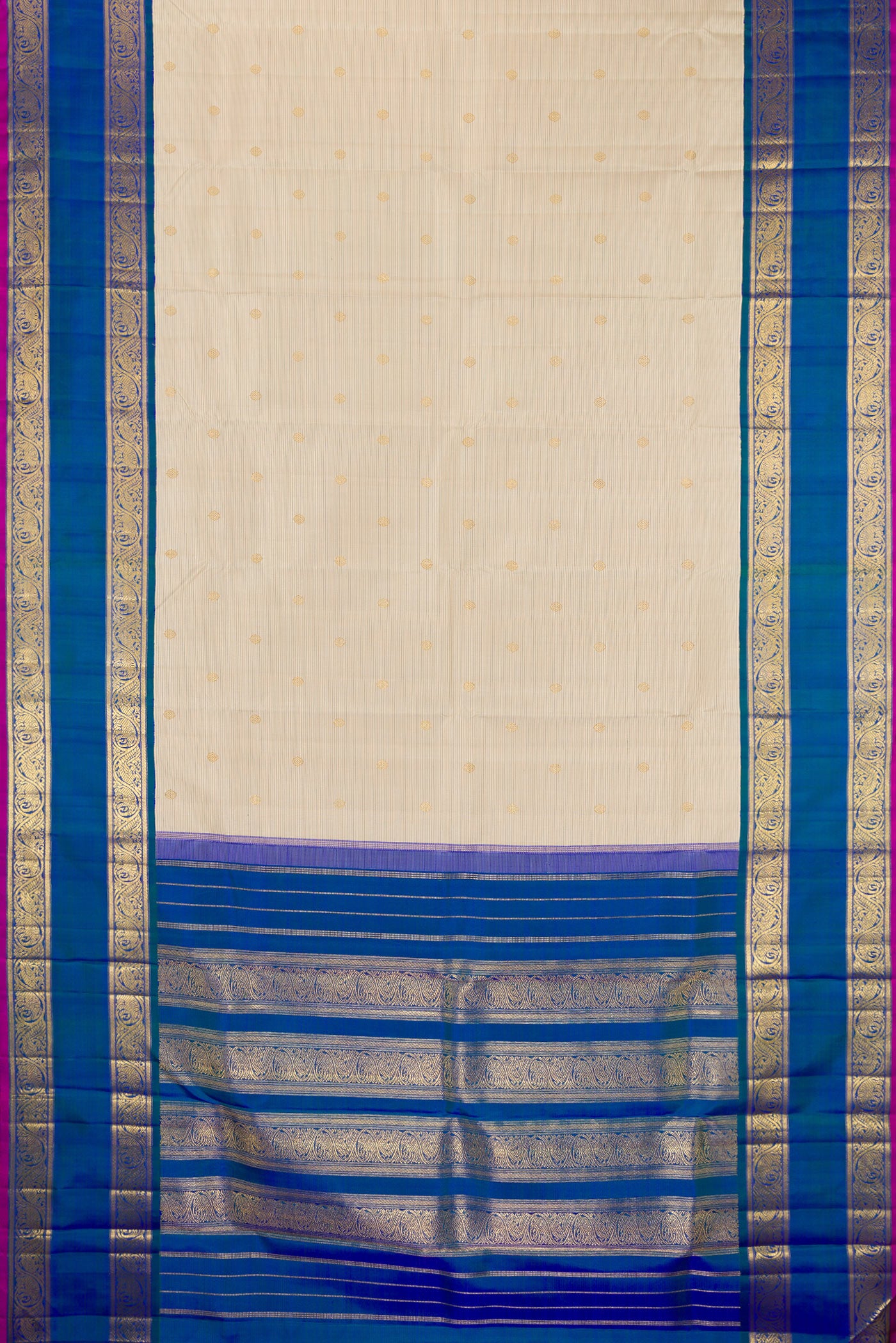 Flat view of Pure Silk Pure Zari Cream Kanjivaram Saree with Zari Butta on the body and Zari Border. 
