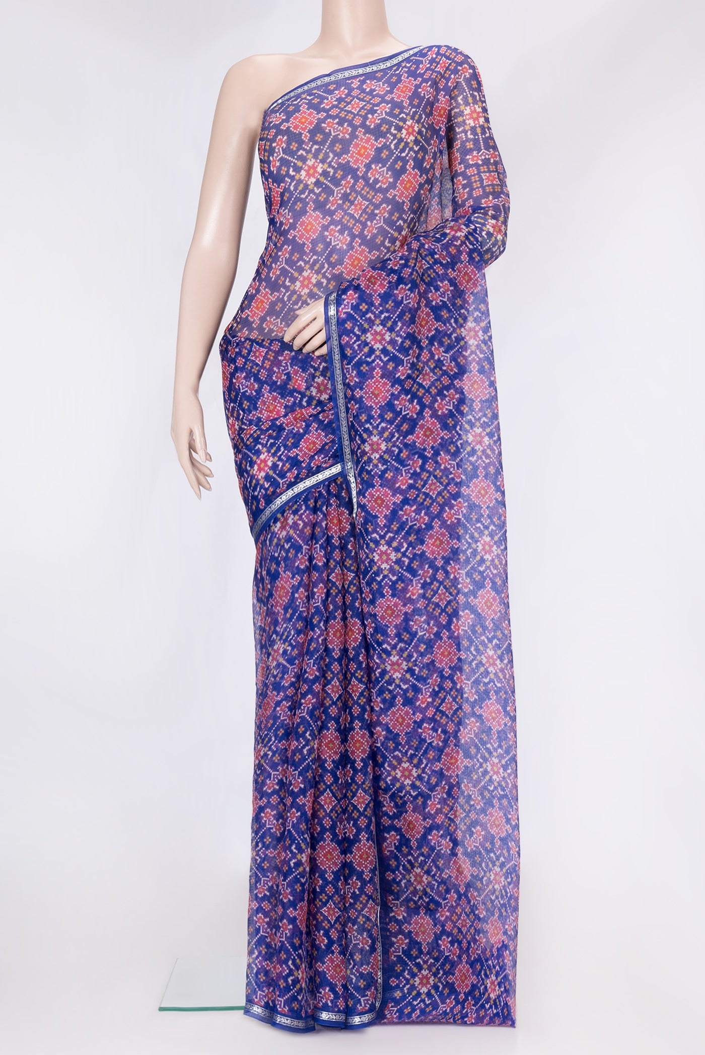 Royal Blue Dual Tone Kota Silk Saree with Ikat Print on the body and Zari Border.  displayed on a mannequin