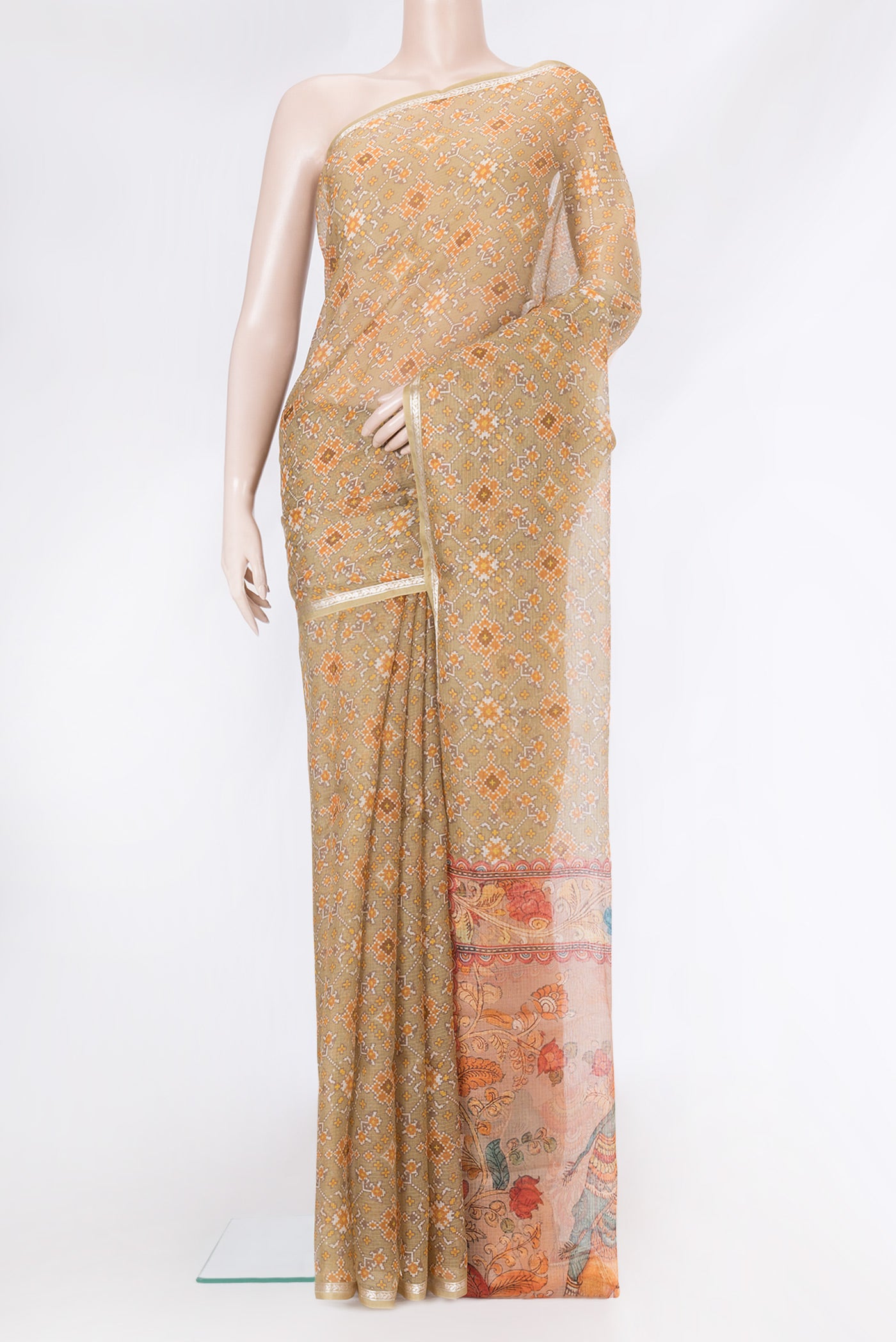 Mehandi Green Dual Tone Kota Silk Saree with Printed design on the body and Zari Border.  displayed on a mannequin
