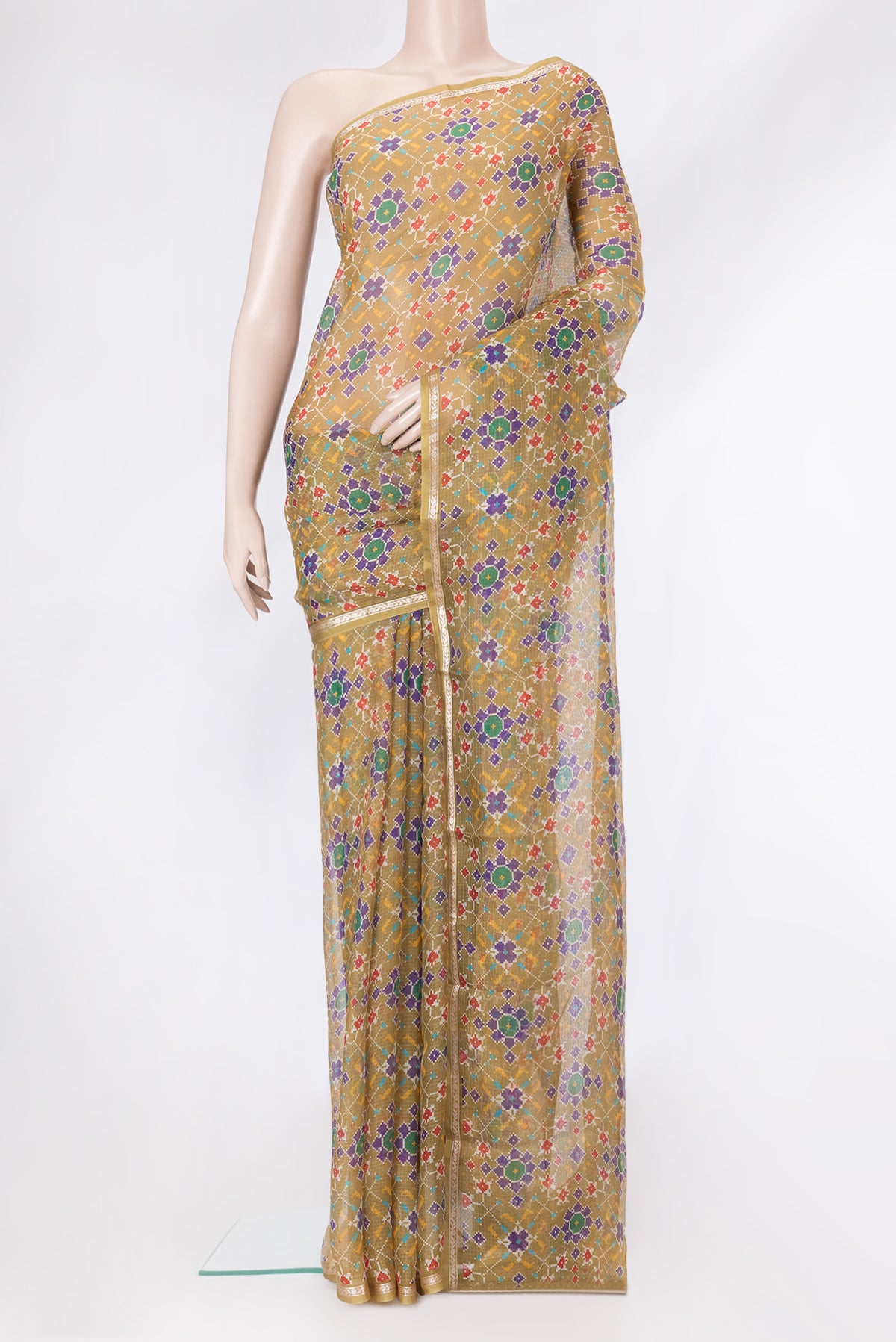 Mehandi Green Dual Tone Kota Silk Saree with Printed design on the body and Zari Border.  displayed on a mannequin
