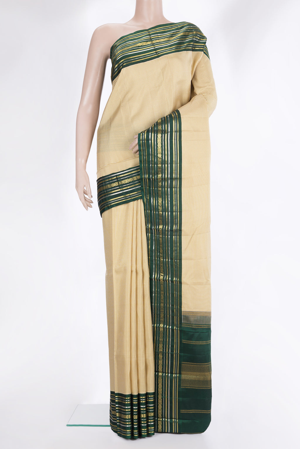 Pure Silk Sandal Dual Tone Kanjivaram Saree with Checked design on the body and Zari Border.  displayed on a mannequin