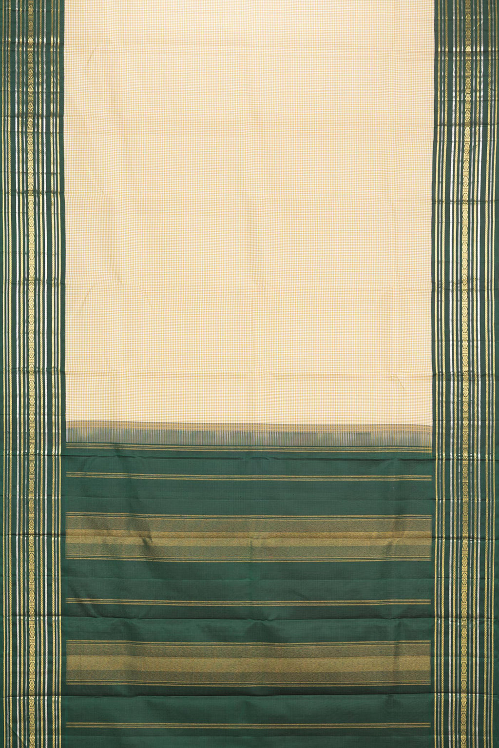 Flat view of Pure Silk Sandal Dual Tone Kanjivaram Saree with Checked design on the body and Zari Border. 