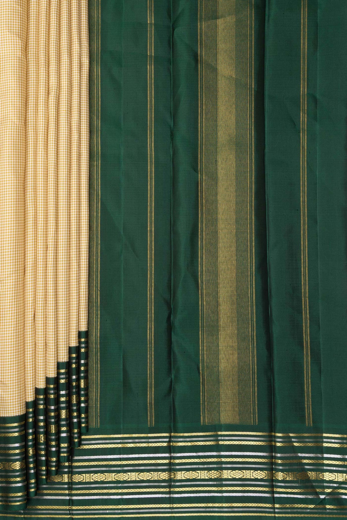 Pleats and pallu of Pure Silk Sandal Dual Tone Kanjivaram Saree with Checked design on the body and Zari Border. 