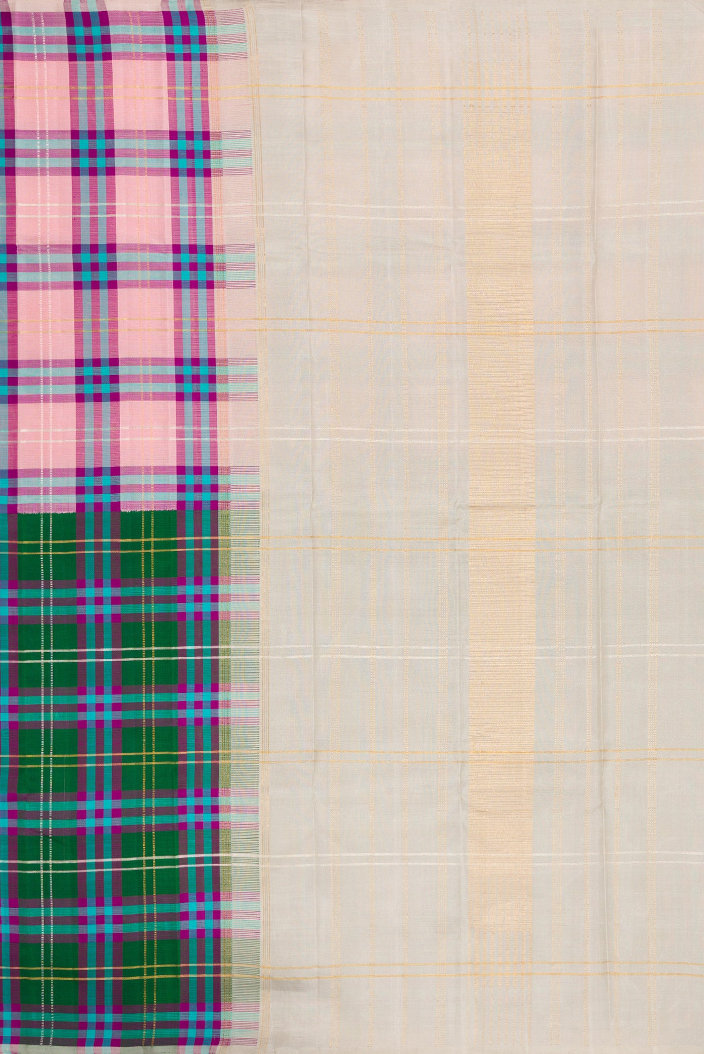 Close up image of the pallu of Multi Color Kanjivaram Silk Saree with Checked design on the body and Without Border. 