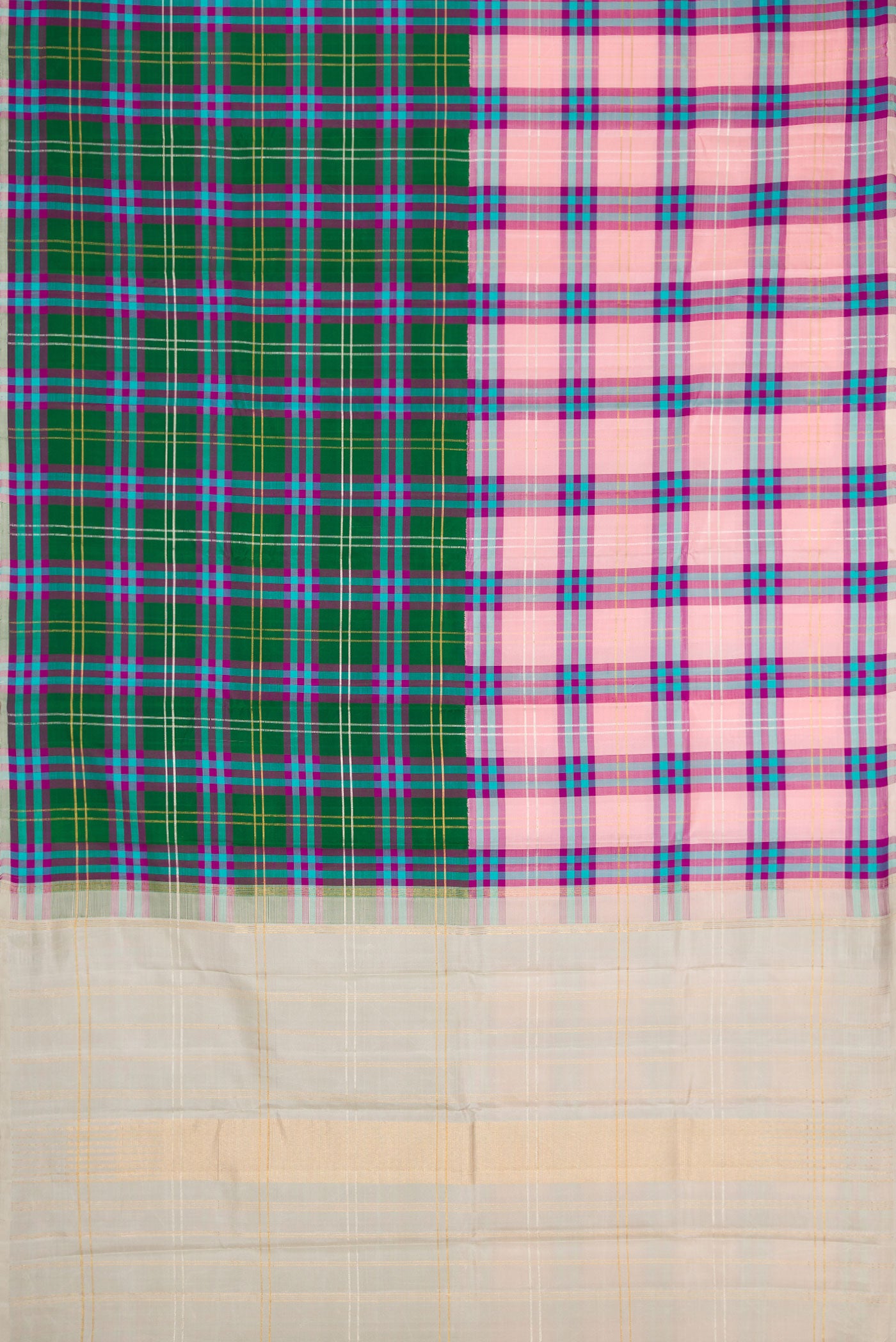 Flat view of Multi Color Kanjivaram Silk Saree with Checked design on the body and Without Border. 