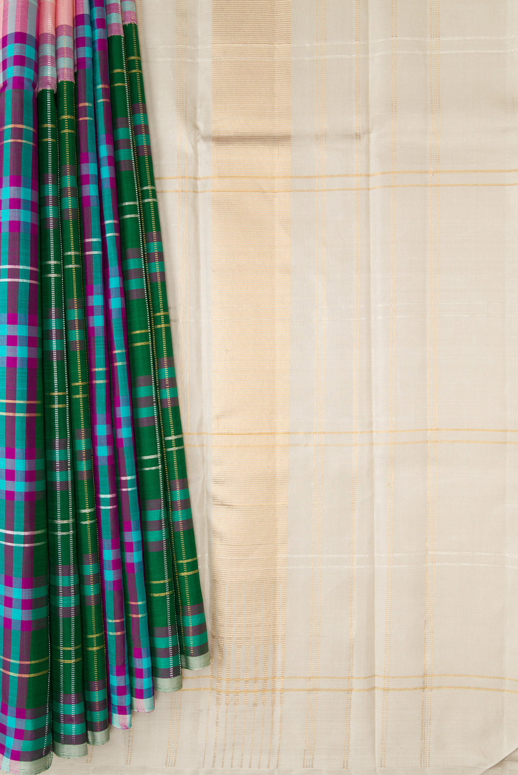 Pleats and pallu of Multi Color Kanjivaram Silk Saree with Checked design on the body and Without Border. 