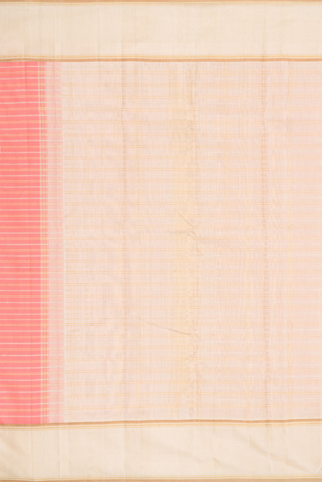 Close up image of the pallu of Pure Silk Pure Zari Peach Dual Tone Kanjivaram Saree with Stripes on the body and Zari Border. 