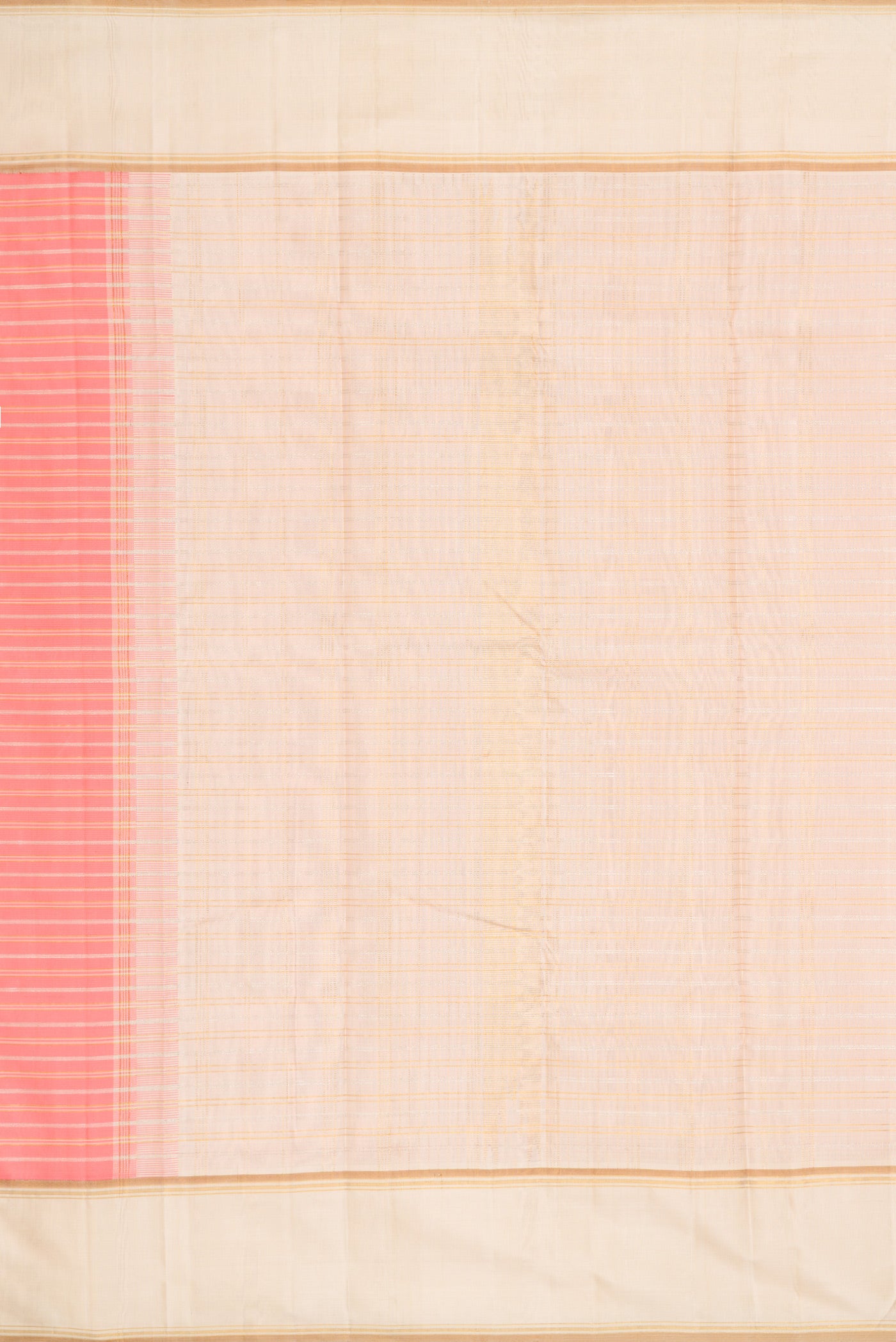 Close up image of the pallu of Pure Silk Pure Zari Peach Dual Tone Kanjivaram Saree with Stripes on the body and Zari Border. 