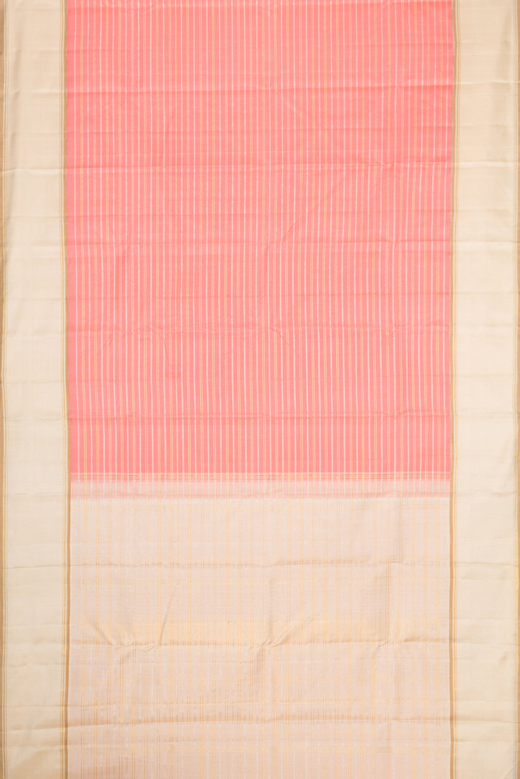 Flat view of Pure Silk Pure Zari Peach Dual Tone Kanjivaram Saree with Stripes on the body and Zari Border. 