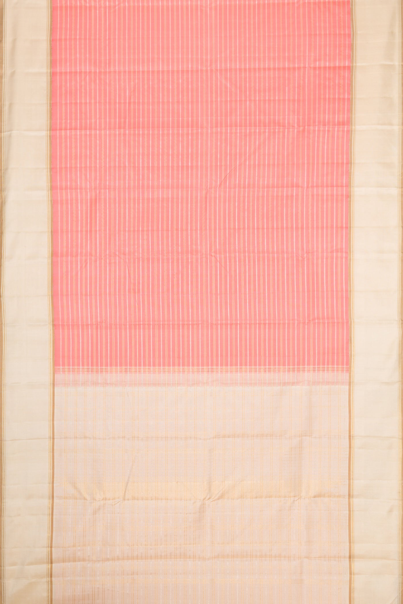 Flat view of Pure Silk Pure Zari Peach Dual Tone Kanjivaram Saree with Stripes on the body and Zari Border. 