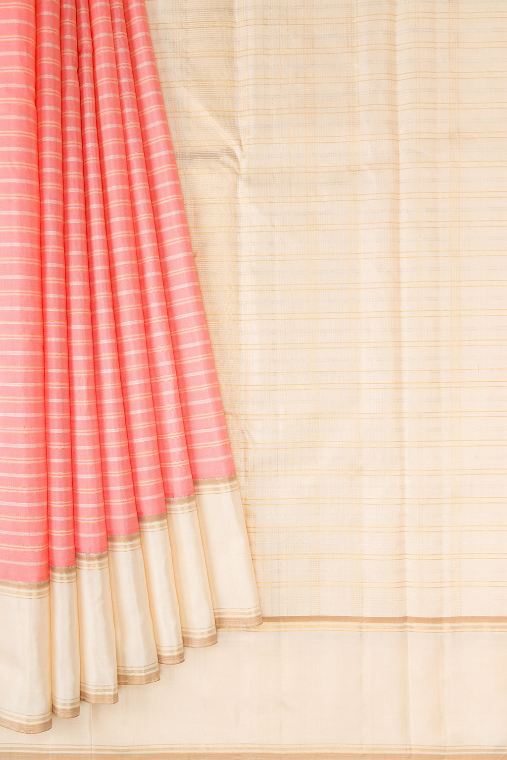 Pleats and pallu of Pure Silk Pure Zari Peach Dual Tone Kanjivaram Saree with Stripes on the body and Zari Border. 