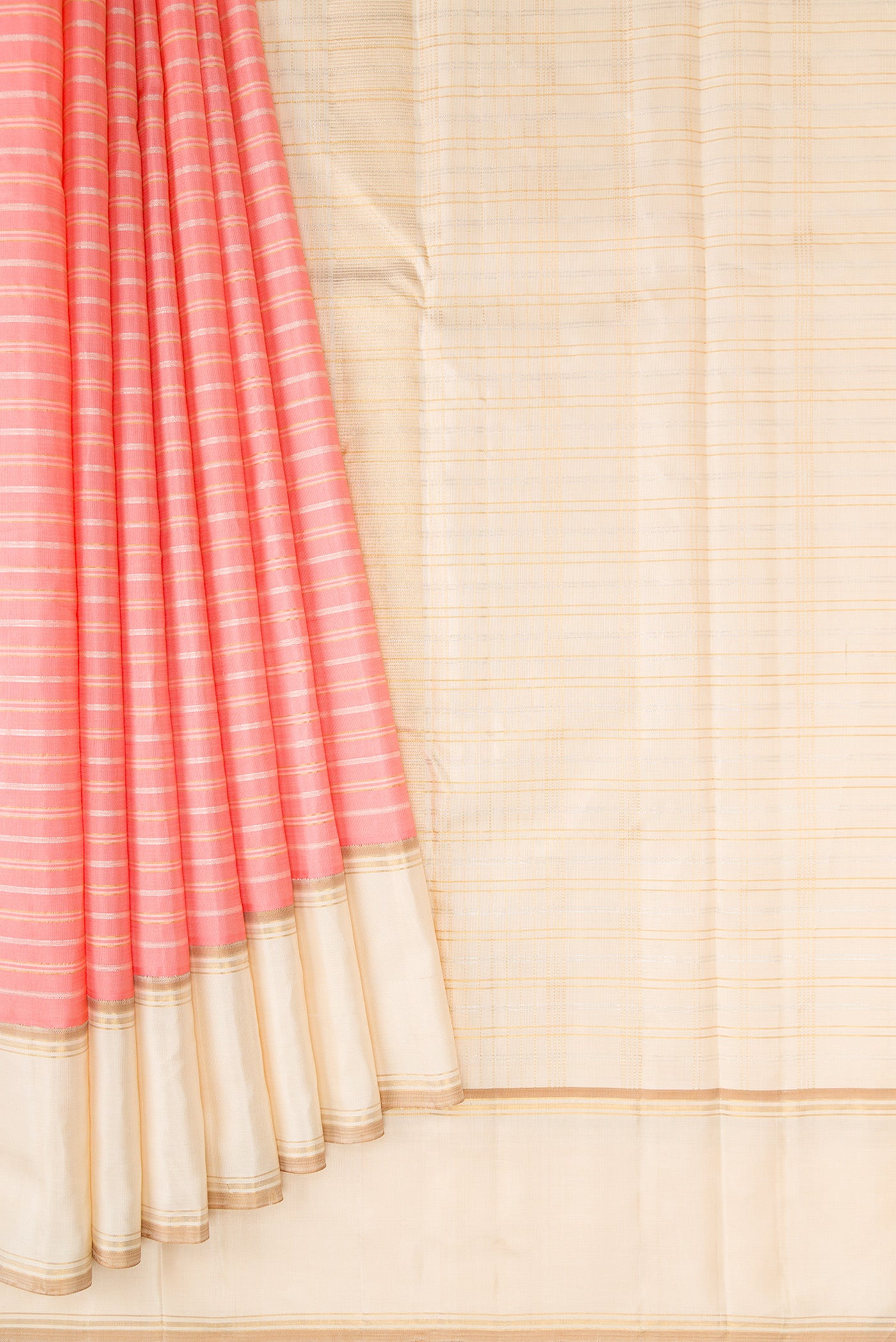 Pleats and pallu of Pure Silk Pure Zari Peach Dual Tone Kanjivaram Saree with Stripes on the body and Zari Border. 
