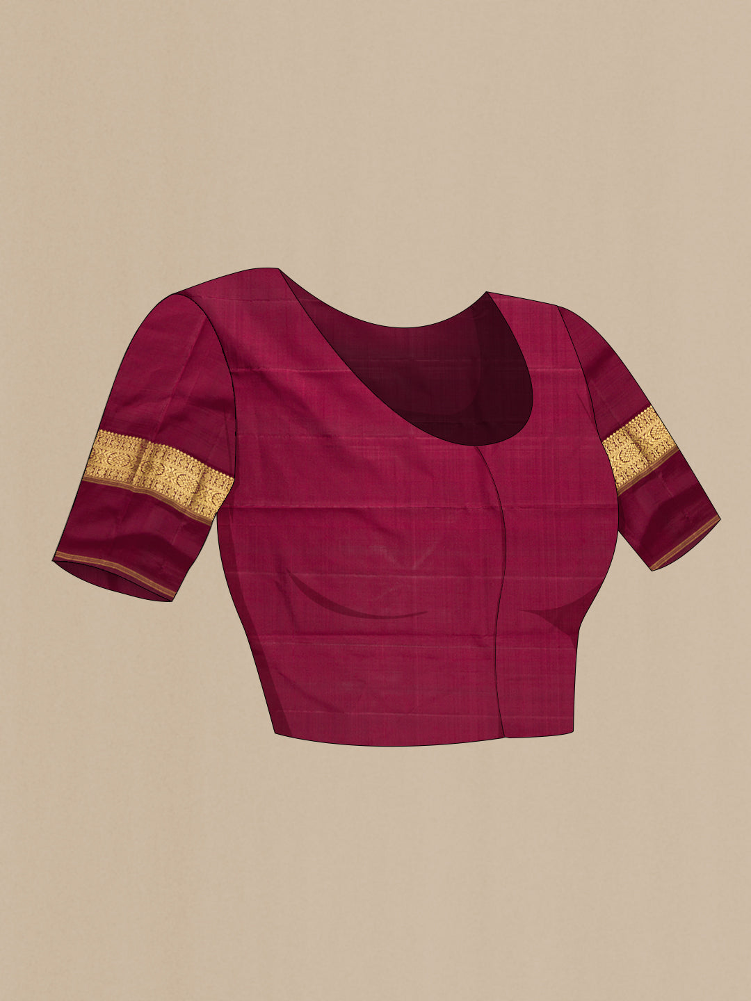 Close up image of the blouse of Maroon Dual Tone Kanchipuram Silk Saree with Checked design on the body and Zari Border. 
