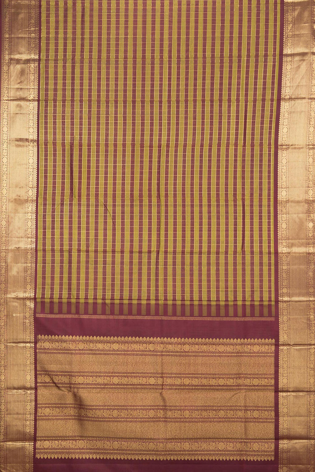 Flat view of Pure Silk Multi Color Kanchipuram Saree with Checked design on the body and Zari Border. 