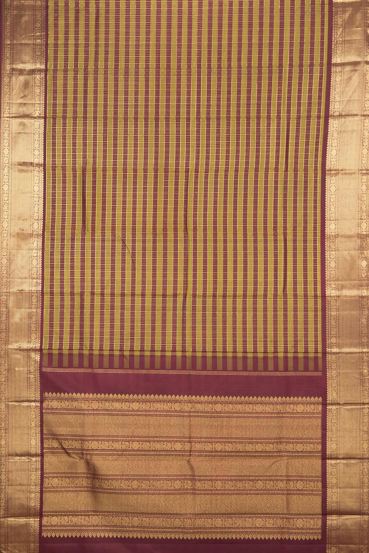 Flat view of Pure Silk Multi Color Kanchipuram Saree with Checked design on the body and Zari Border. 