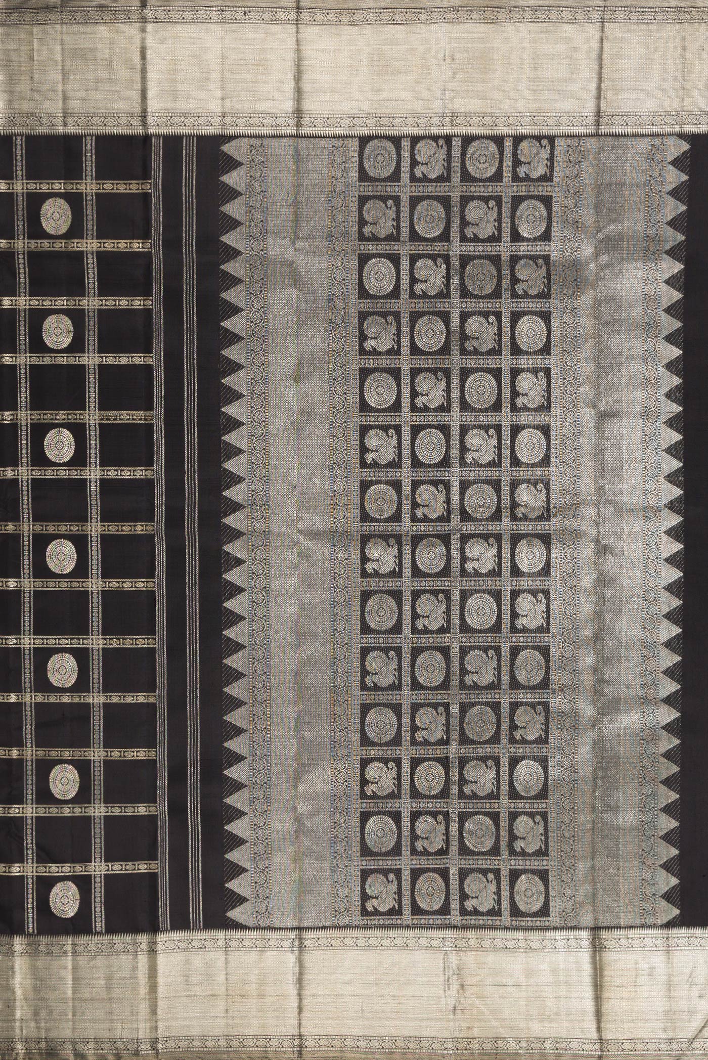 Close up image of the pallu of Beige and Off White Dual Tone Kanchipuram Silk Saree with Checked design on the body and Zari Border. 