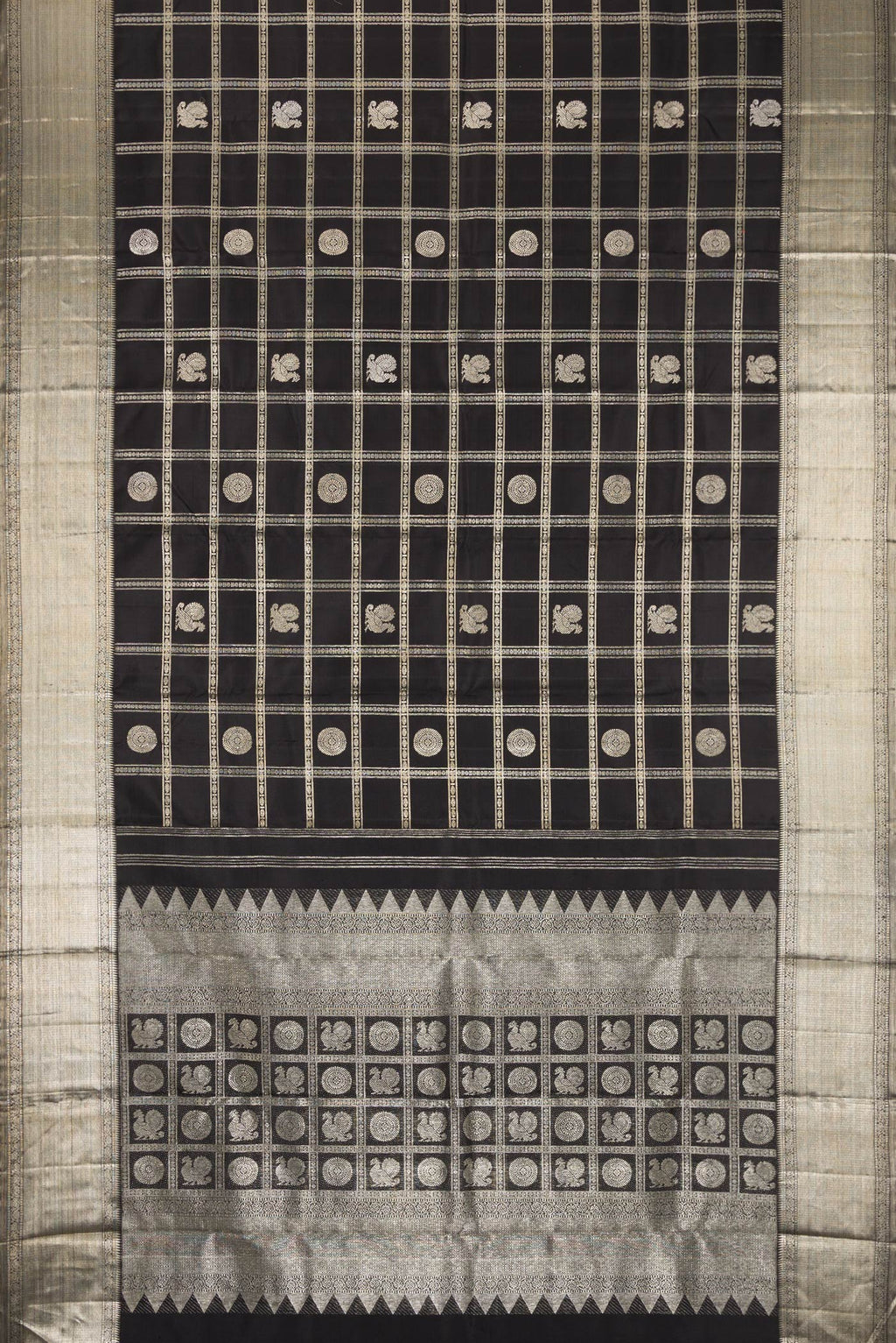Flat view of Beige and Off White Dual Tone Kanchipuram Silk Saree with Checked design on the body and Zari Border. 