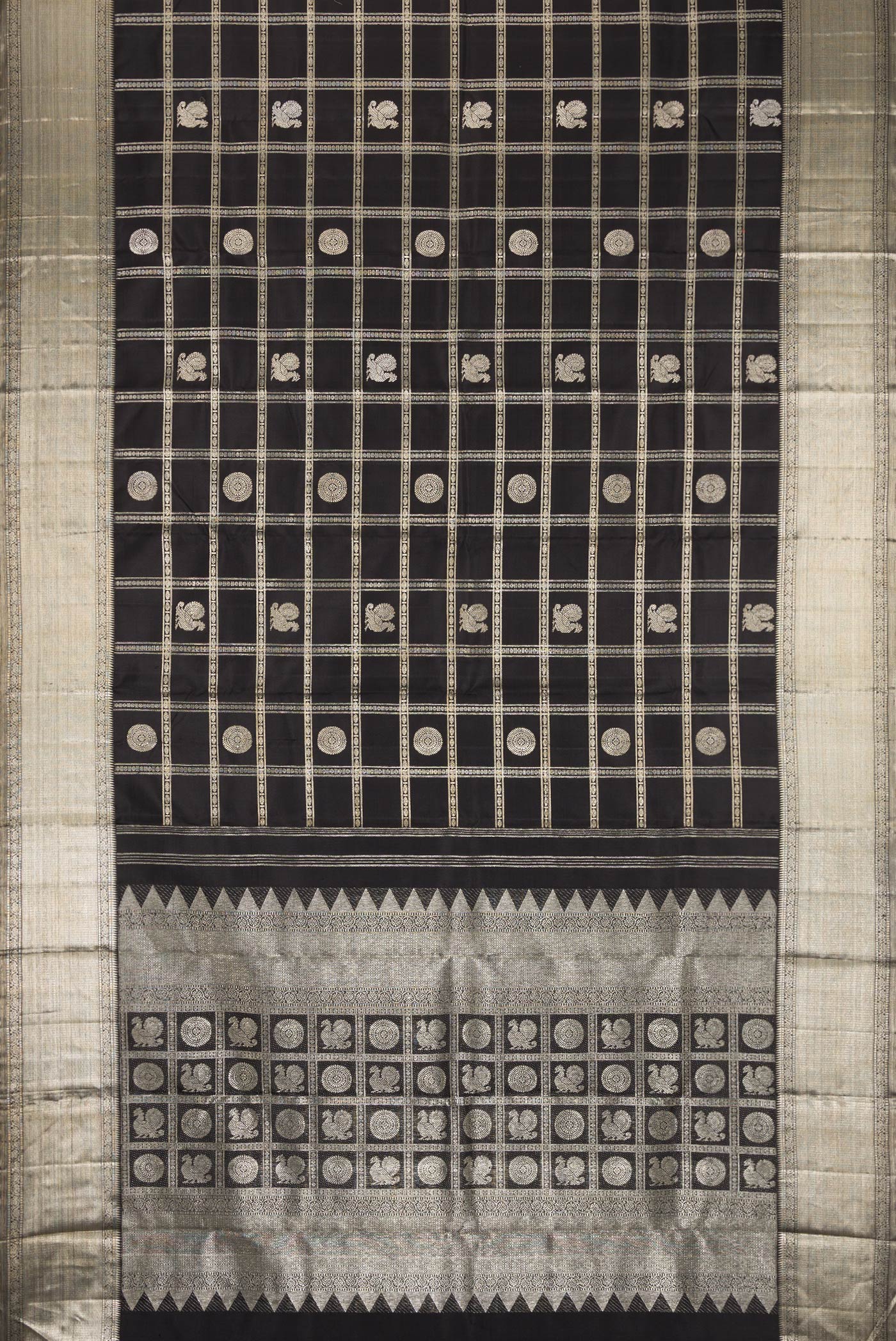Flat view of Beige and Off White Dual Tone Kanchipuram Silk Saree with Checked design on the body and Zari Border. 