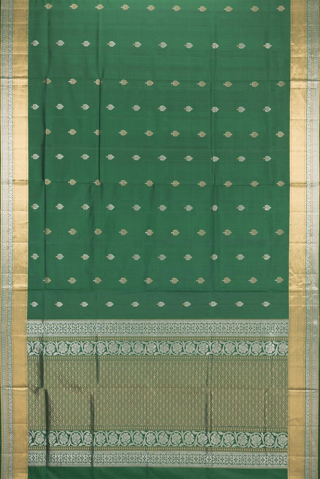Flat view of Pure Silk Bottle Green Dual Tone Soft Saree with Zari Butta on the body and Zari Border. 