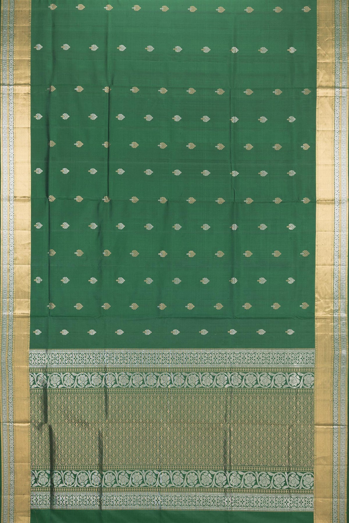 Flat view of Pure Silk Bottle Green Dual Tone Soft Saree with Zari Butta on the body and Zari Border. 