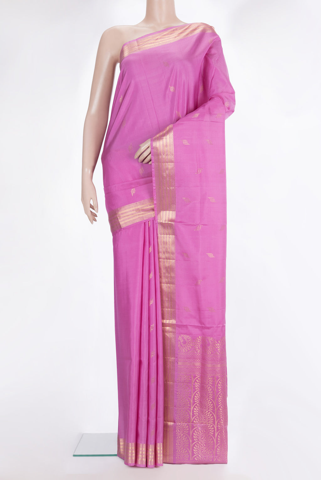 Pure Silk Rose pink Soft Saree with Zari Butta on the body and Zari Border.  displayed on a mannequin