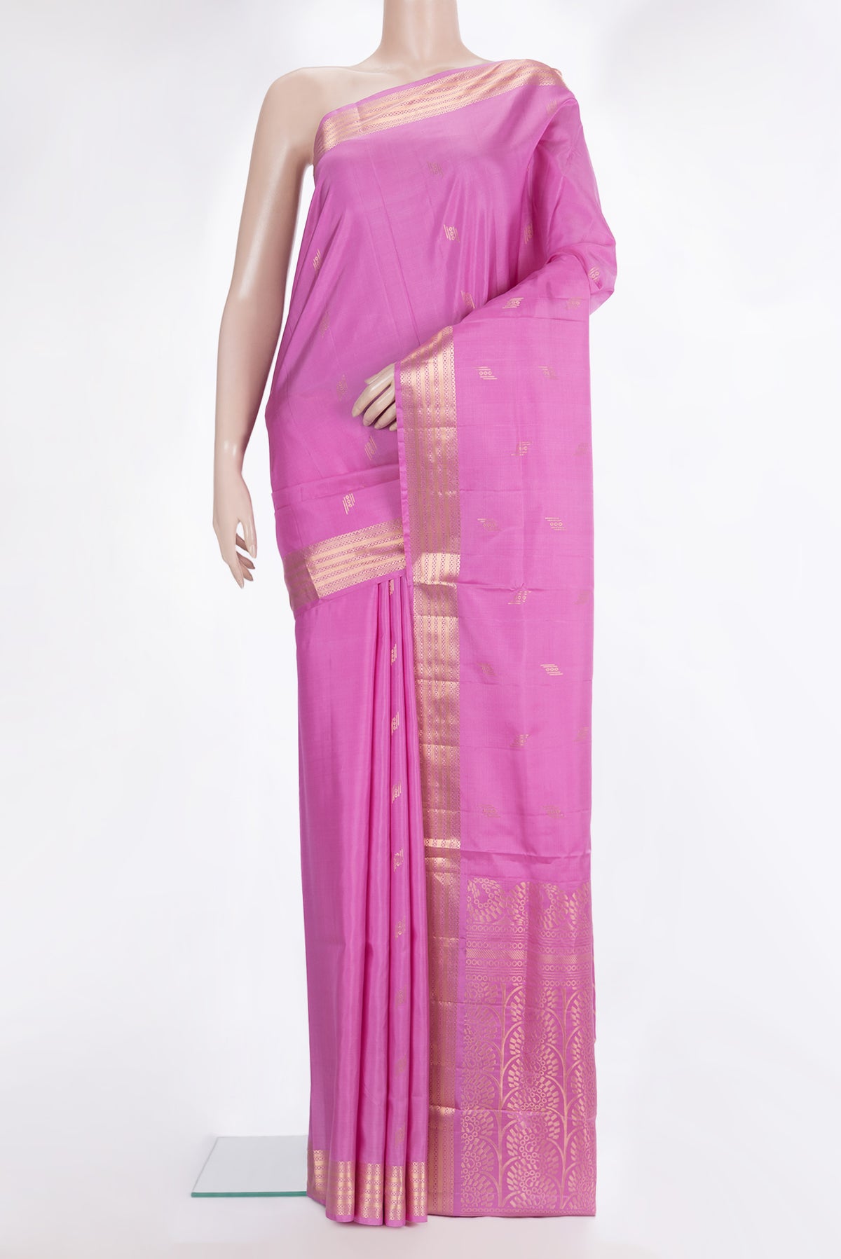 Pure Silk Rose pink Soft Saree with Zari Butta on the body and Zari Border.  displayed on a mannequin