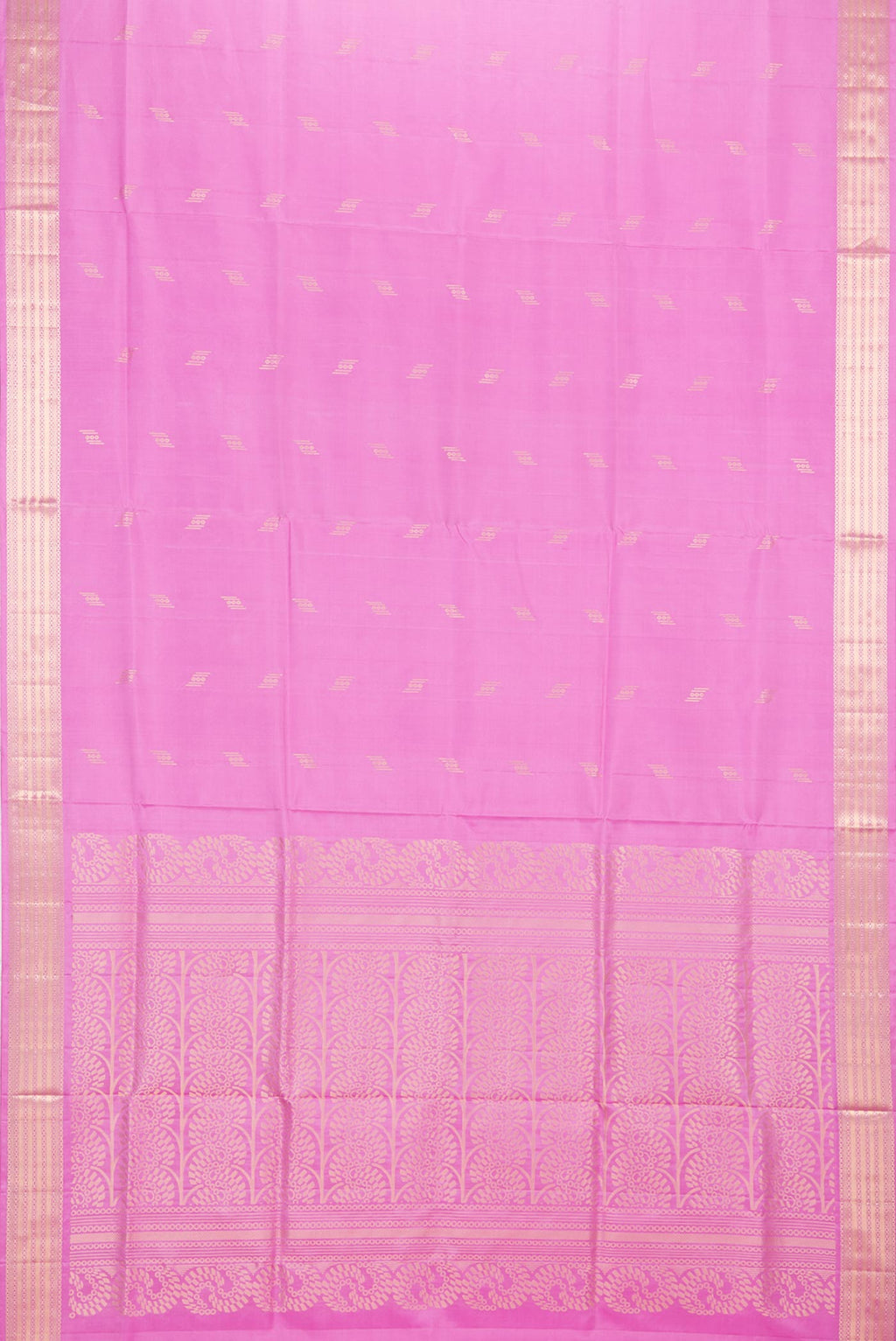Flat view of Pure Silk Rose pink Soft Saree with Zari Butta on the body and Zari Border. 