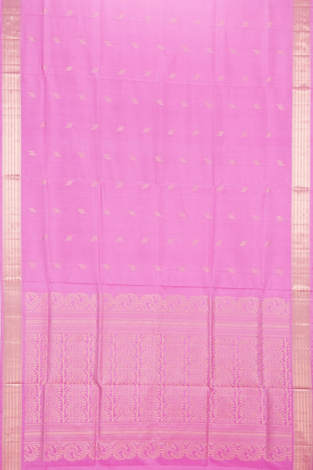 Flat view of Pure Silk Rose pink Soft Saree with Zari Butta on the body and Zari Border. 