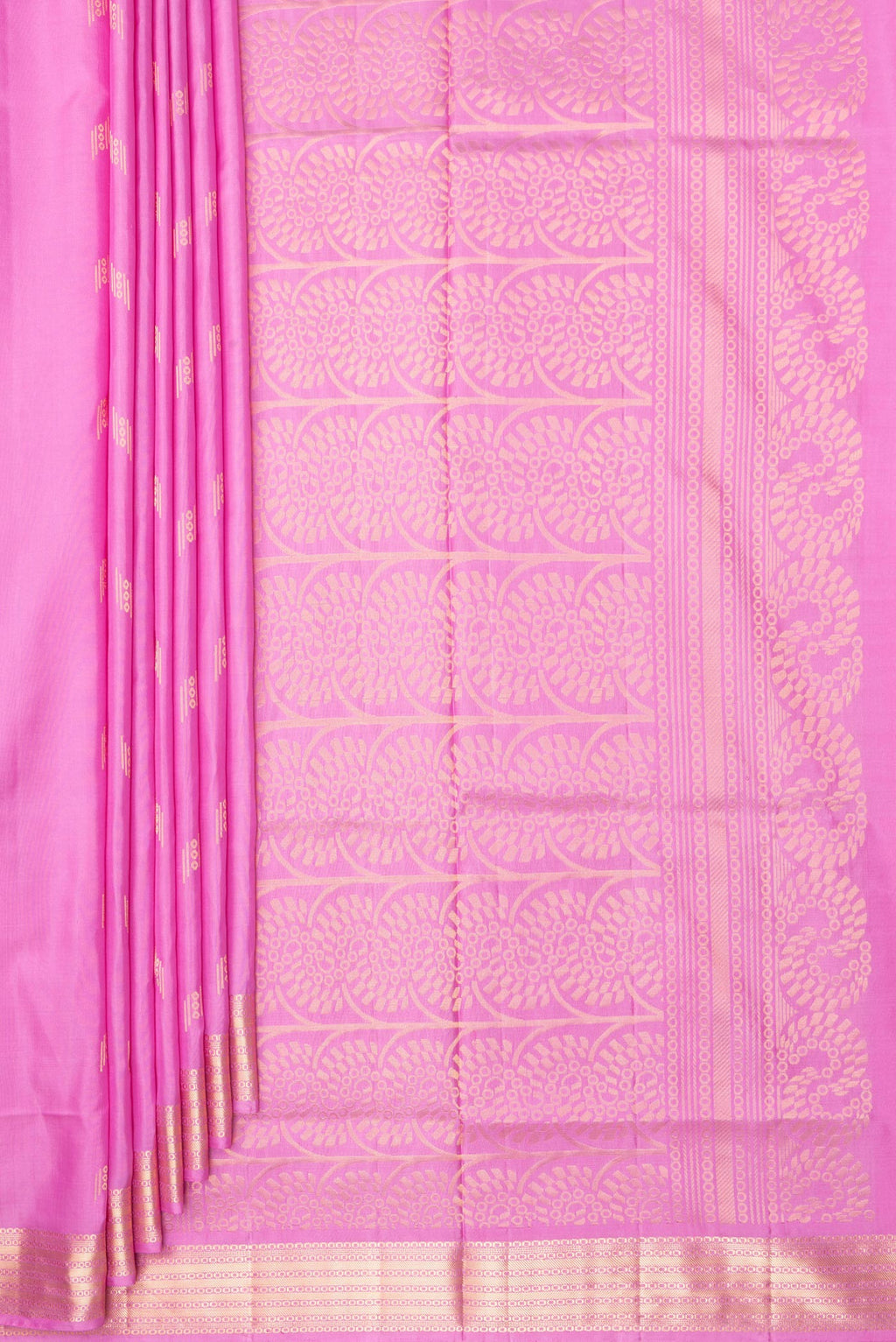 Pleats and pallu of Pure Silk Rose pink Soft Saree with Zari Butta on the body and Zari Border. 