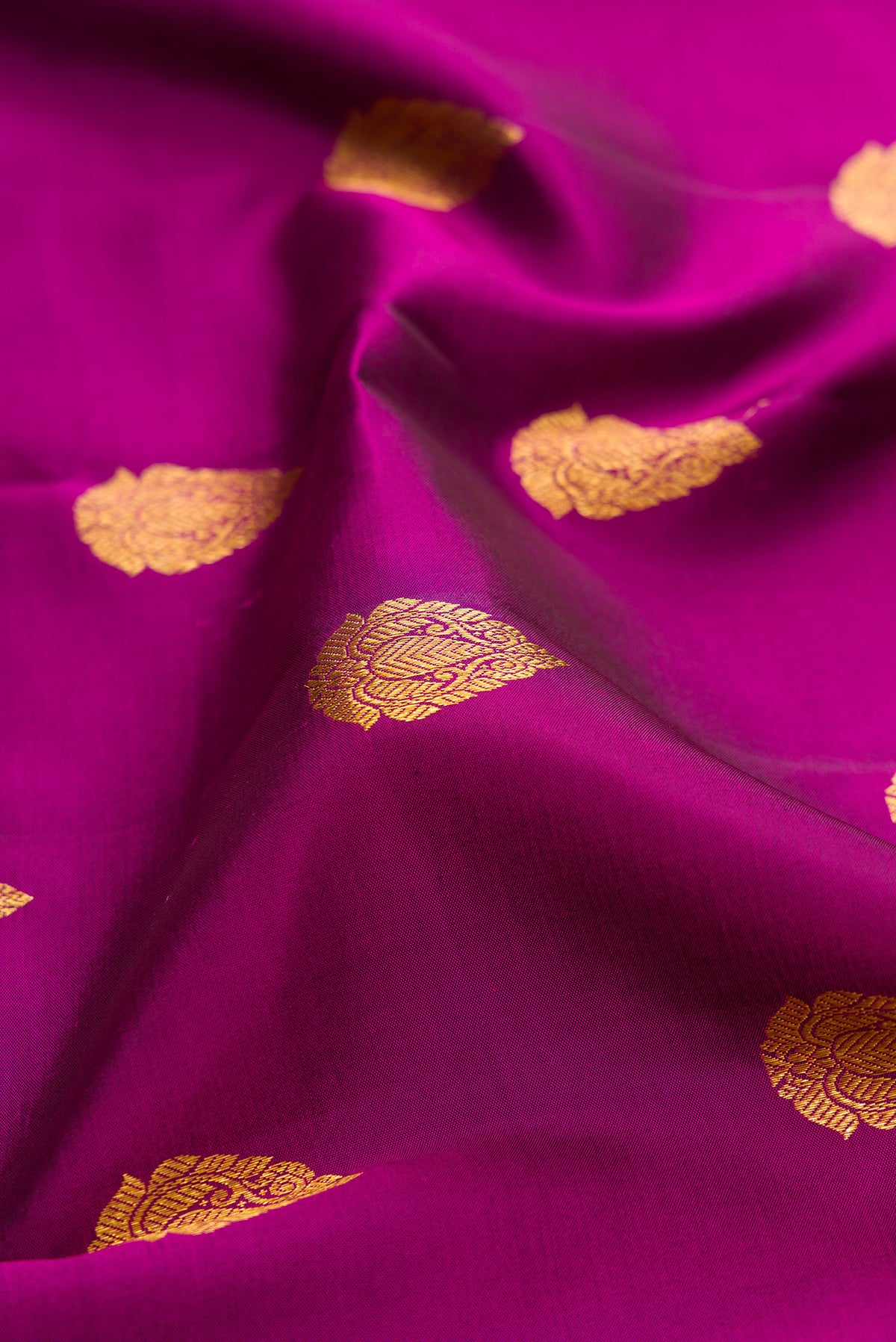 Close up of Purple Kanjivaram Silk Saree with Zari Butta on the body and Fancy Border.  displaying folds