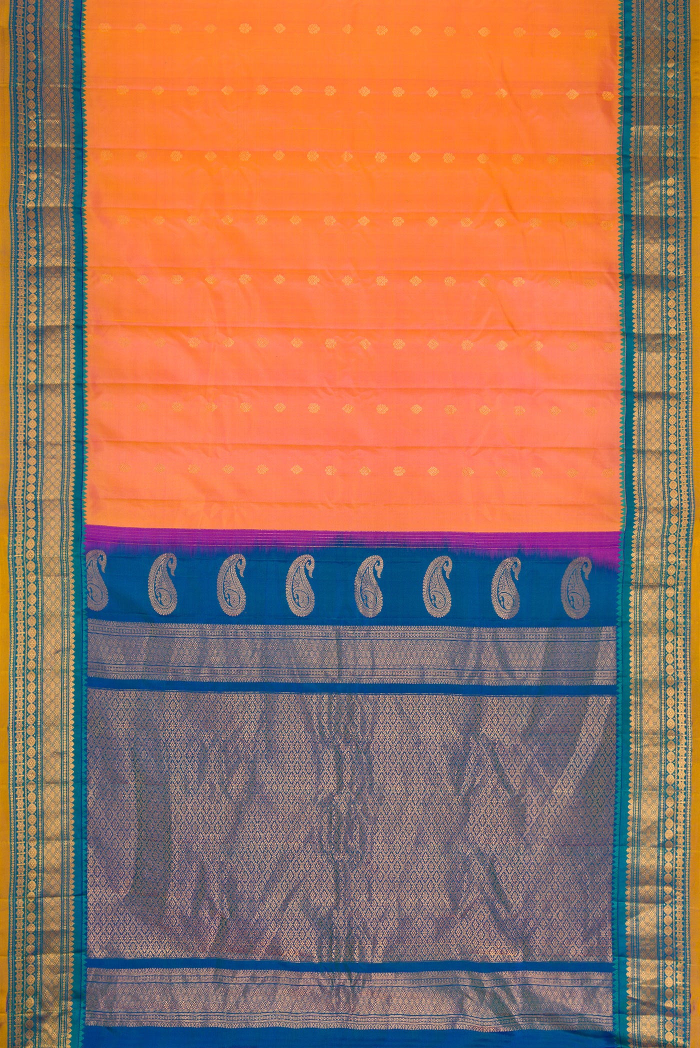 Flat view of Coral Dual Tone Gadwal Silk Saree with Zari Butta on the body and Zari Border. 