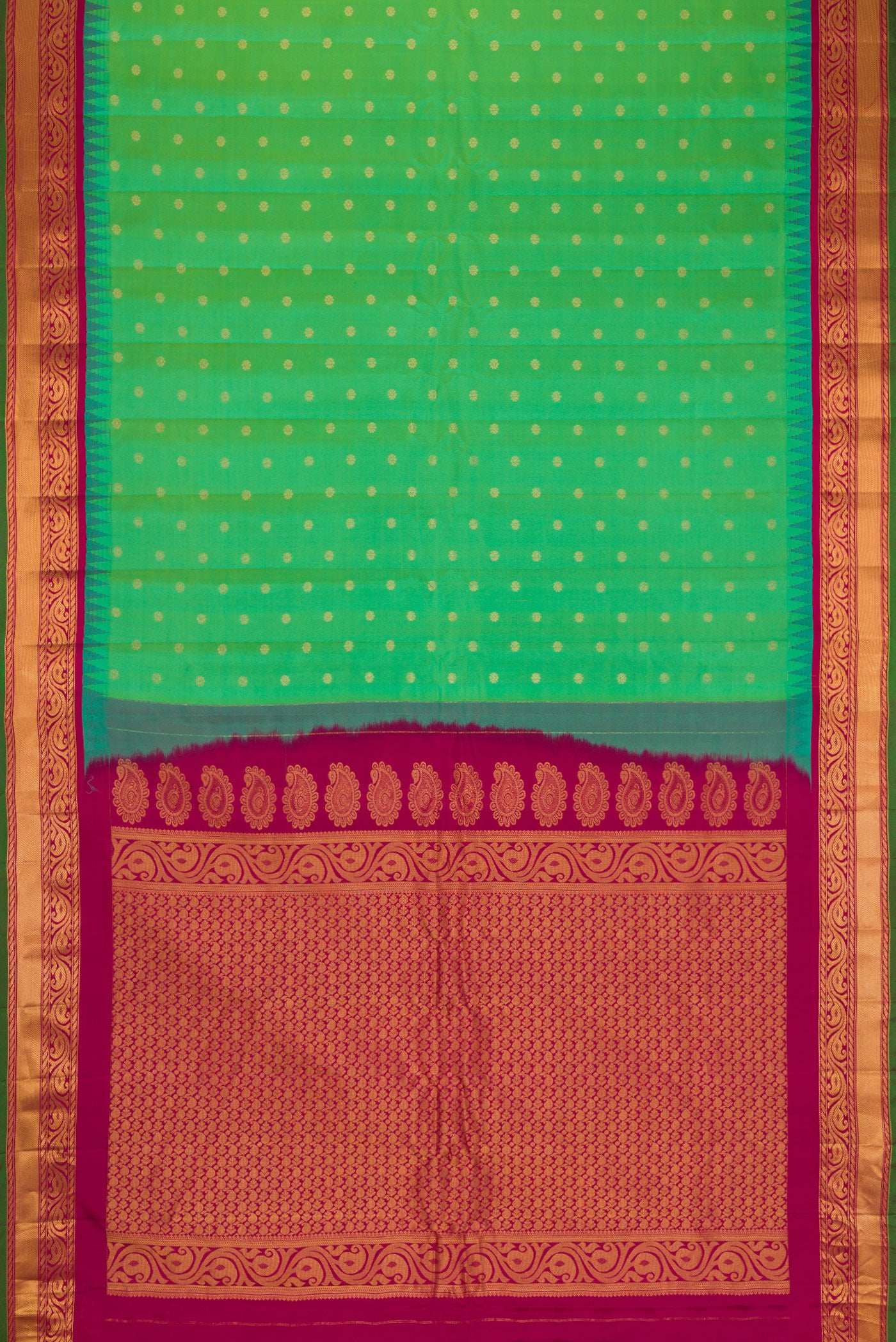 Flat view of Green Dual Tone Gadwal Silk Saree with Zari Butta on the body and Zari Border. 