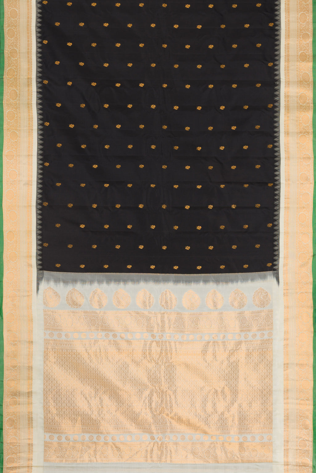 Flat view of Black Dual Tone Gadwal Silk Saree with Zari Butta on the body and Zari Border. 