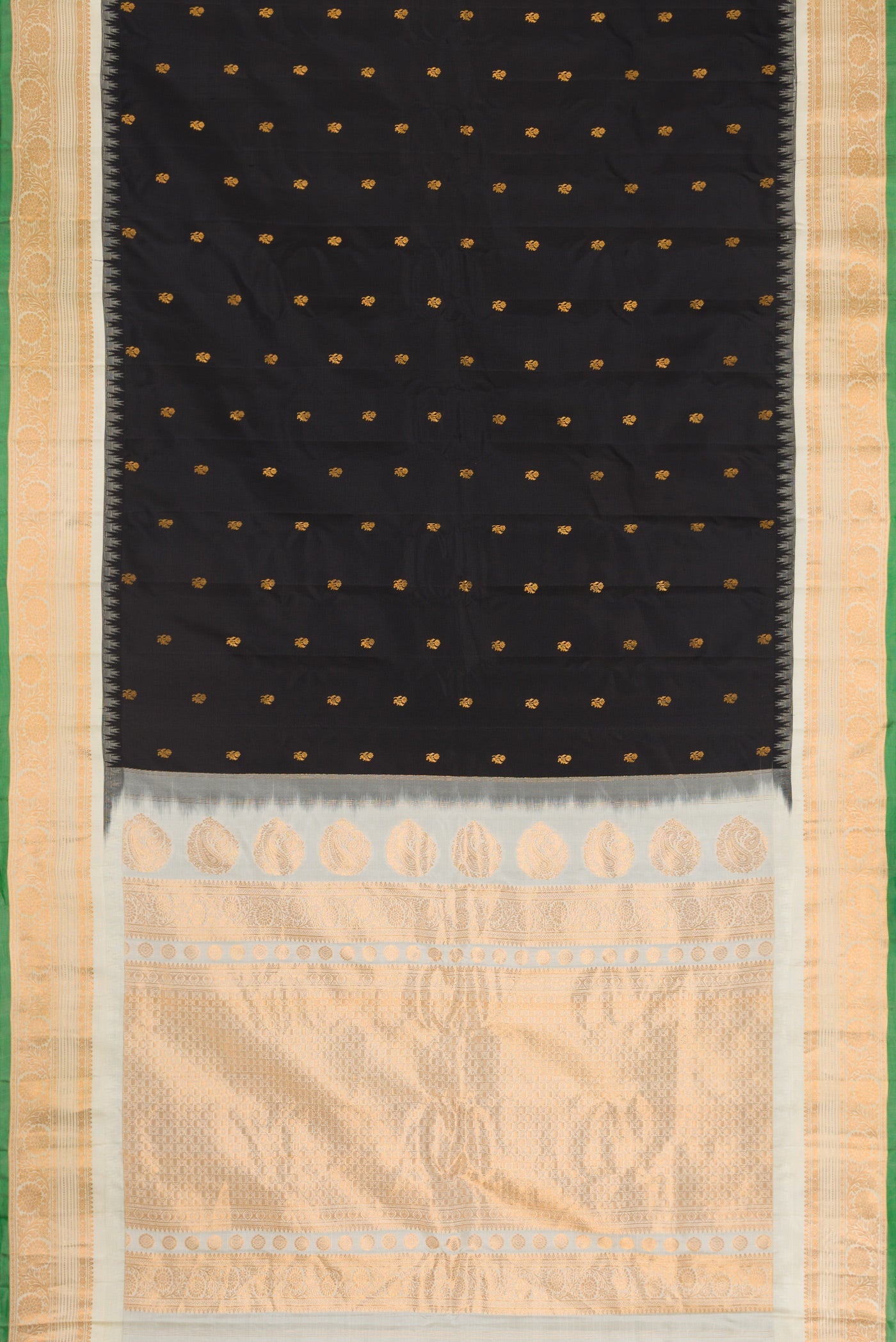 Flat view of Black Dual Tone Gadwal Silk Saree with Zari Butta on the body and Zari Border. 