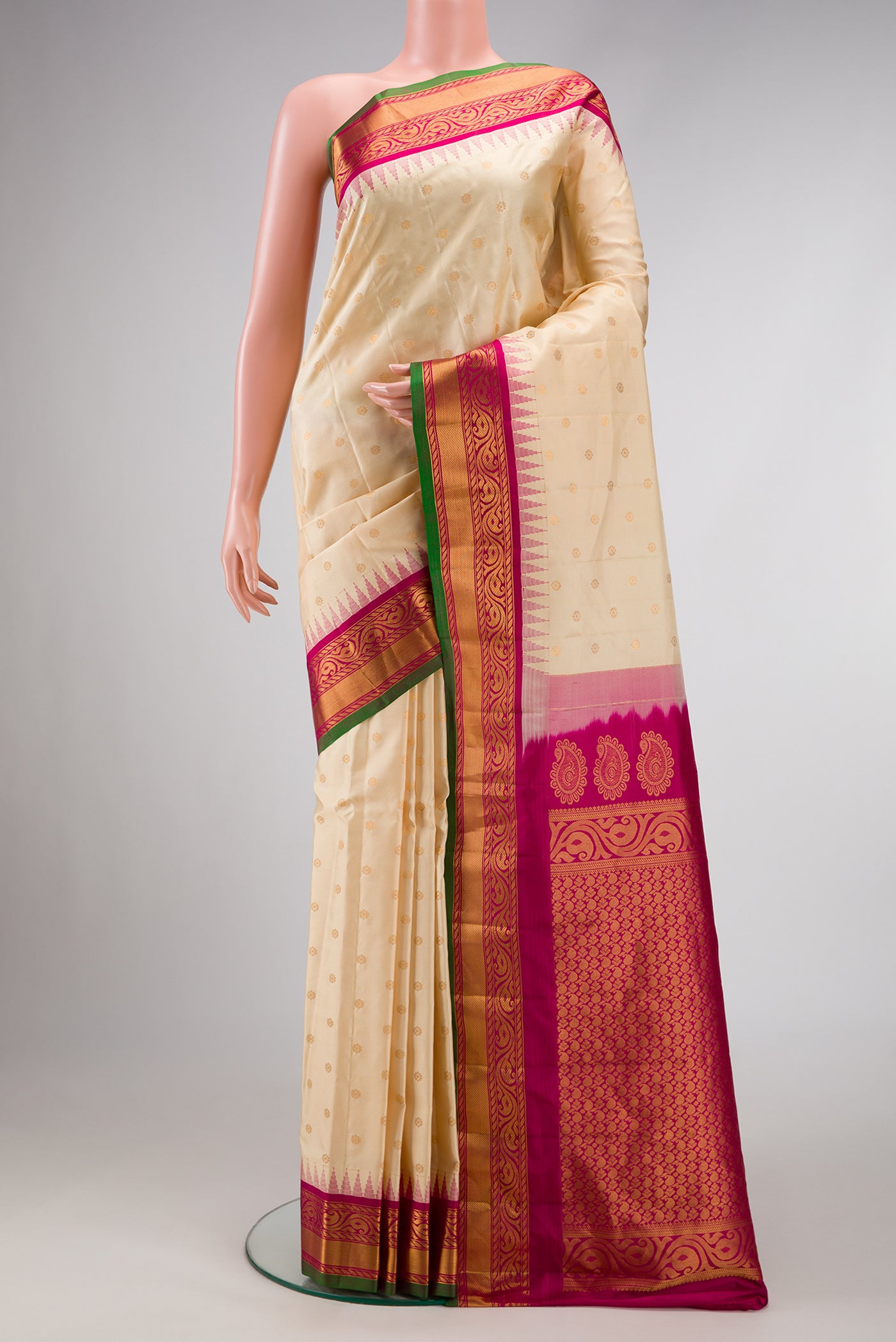 Sandal Dual Tone Gadwal Silk Saree with Zari Butta on the body and Zari Border.  displayed on a mannequin