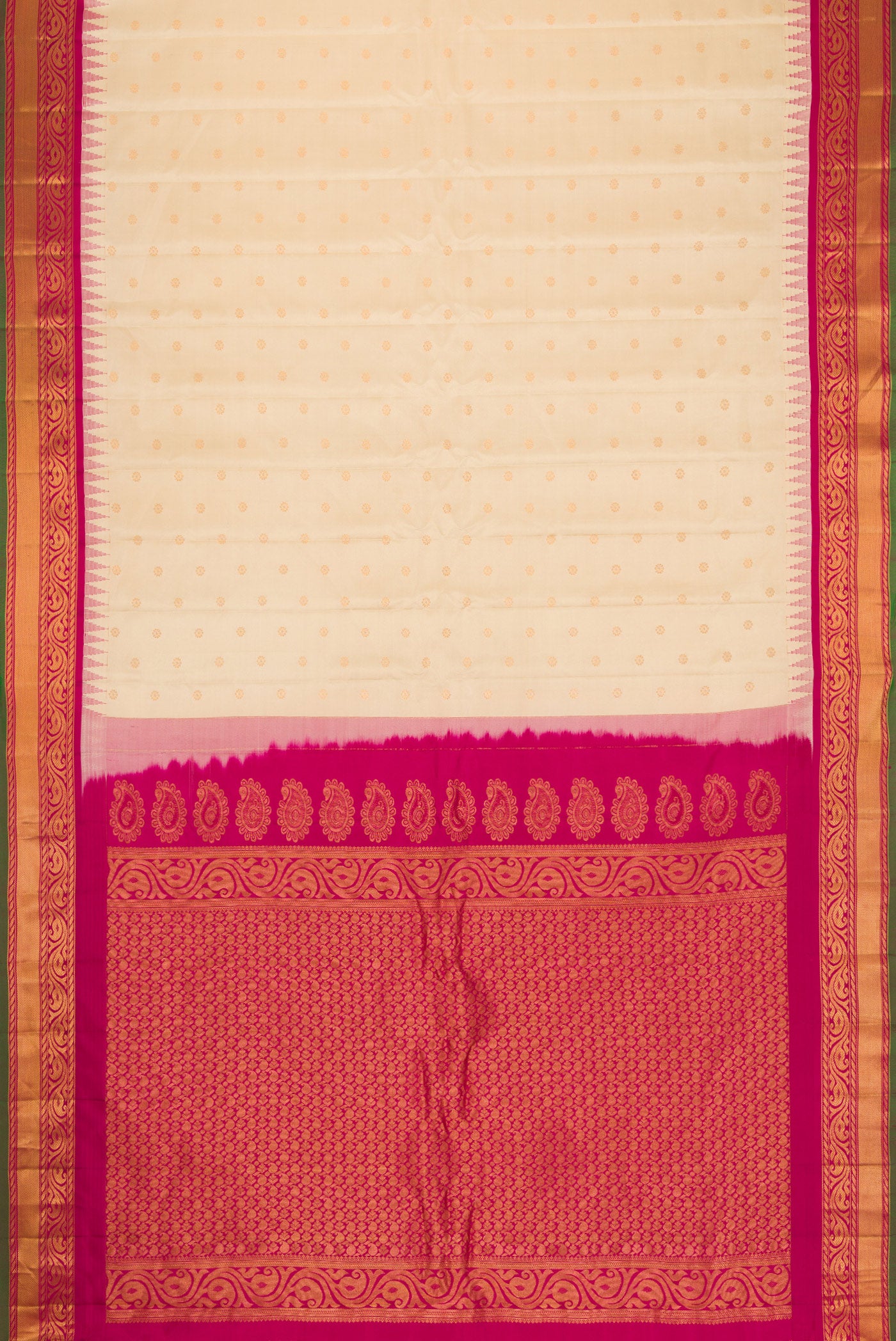 Flat view of Sandal Dual Tone Gadwal Silk Saree with Zari Butta on the body and Zari Border. 