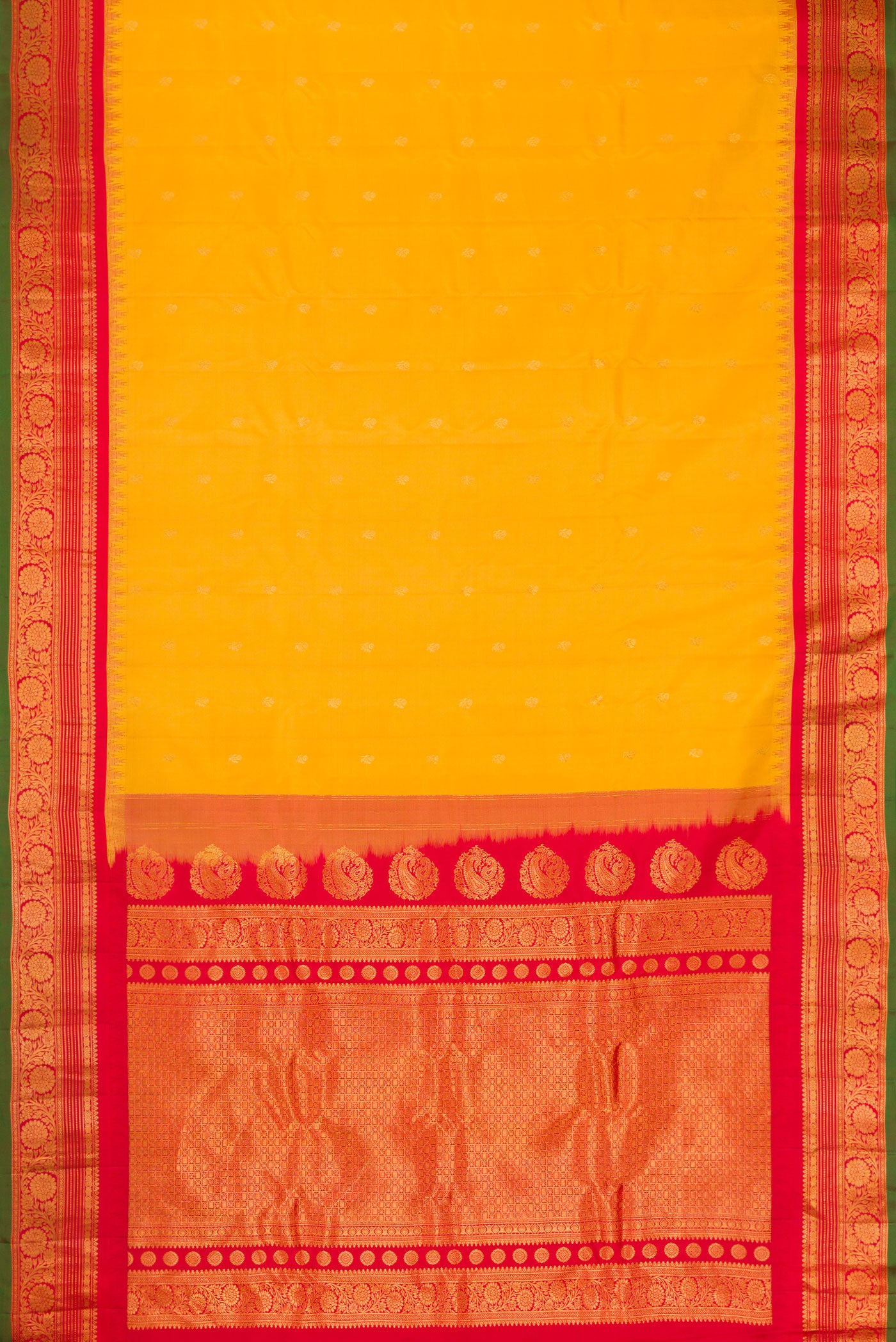 Flat view of Mustard Gadwal Silk Saree with Zari Butta on the body and Zari Border. 