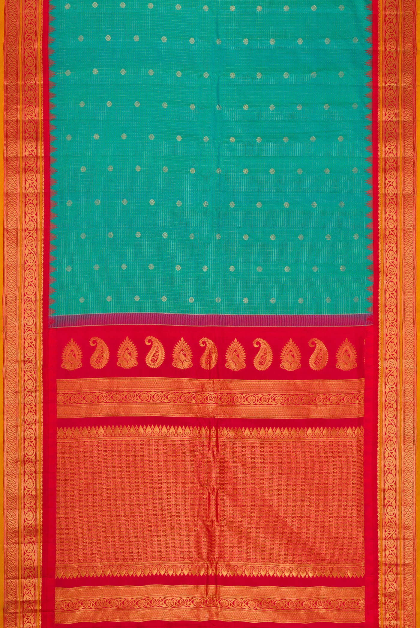 Flat view of Green Dual Tone Gadwal Silk Saree with Checked design on the body and Zari Border. 