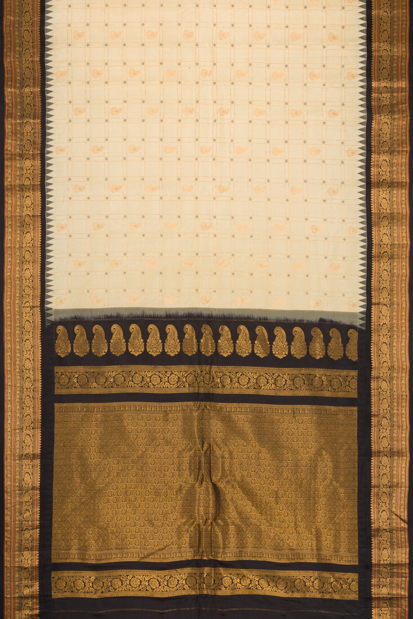 Flat view of Sandal Dual Tone Gadwal Silk Saree with Zari Butta on the body and Zari Border. 