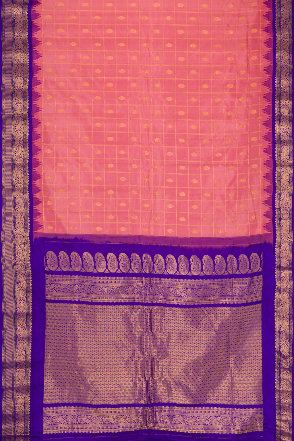 Flat view of Rose Gold Dual Tone Gadwal Silk Saree with Checked design on the body and Zari Border. 