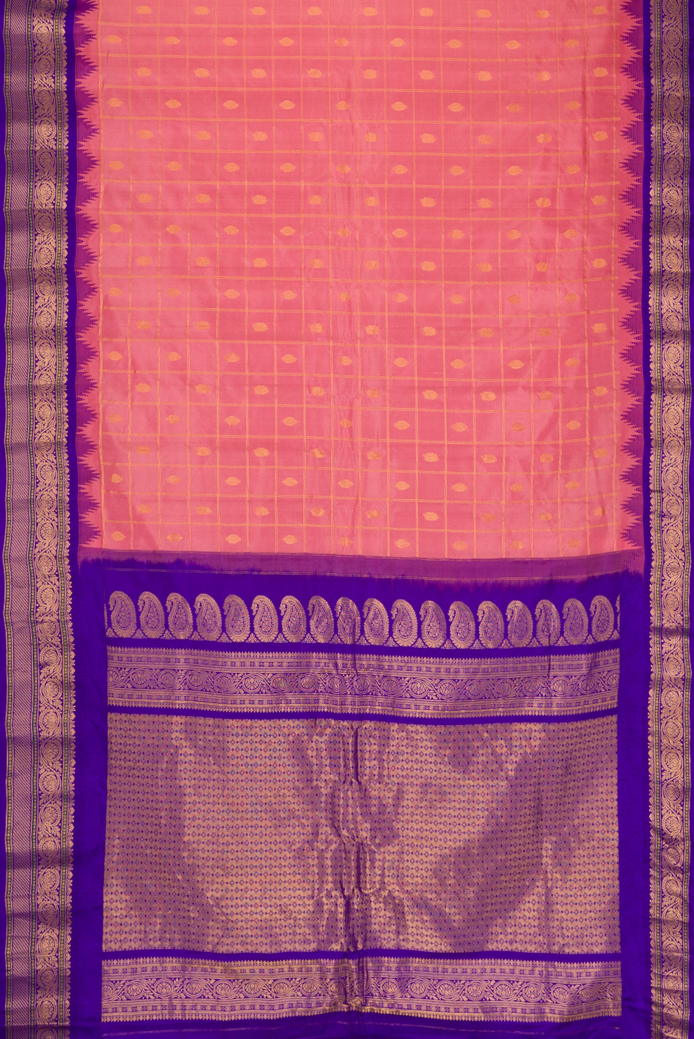 Flat view of Rose Gold Dual Tone Gadwal Silk Saree with Checked design on the body and Zari Border. 