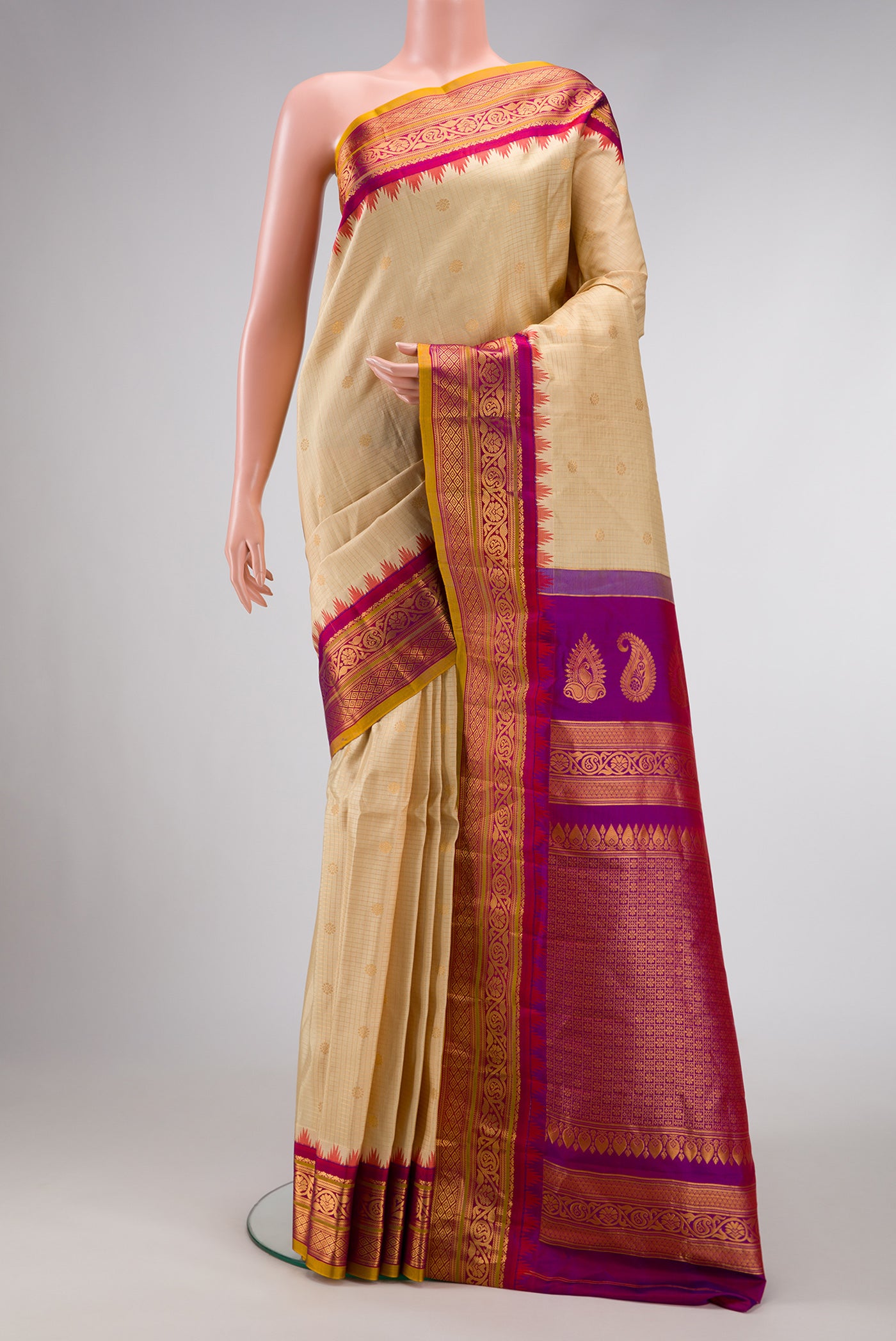 Sandal Dual Tone Gadwal Silk Saree with Zari Butta on the body and Zari Border.  displayed on a mannequin