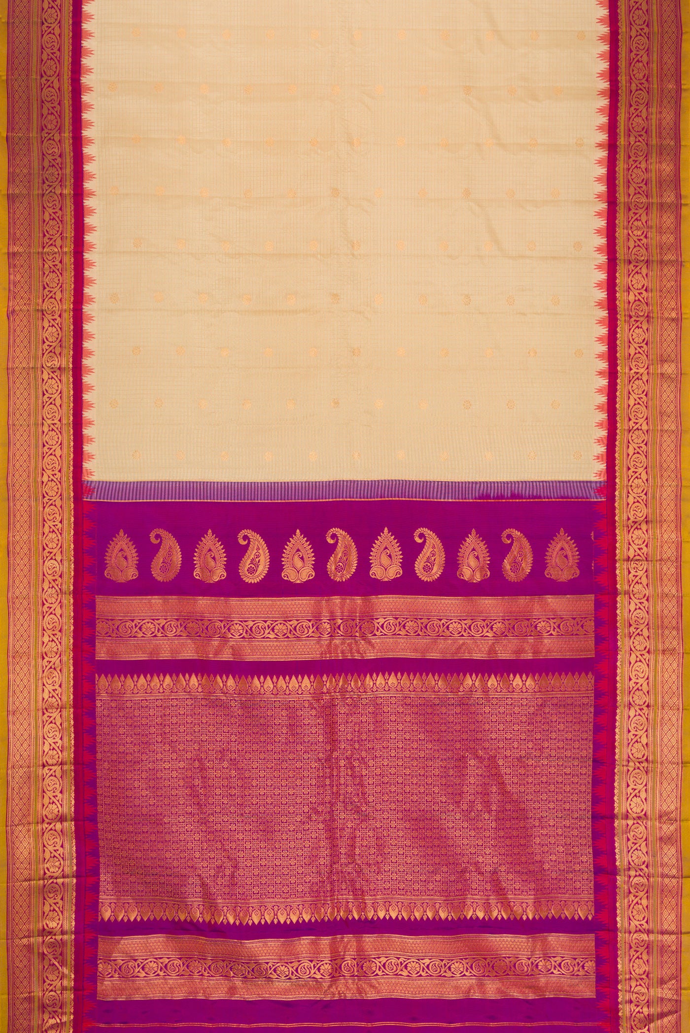 Flat view of Sandal Dual Tone Gadwal Silk Saree with Zari Butta on the body and Zari Border. 