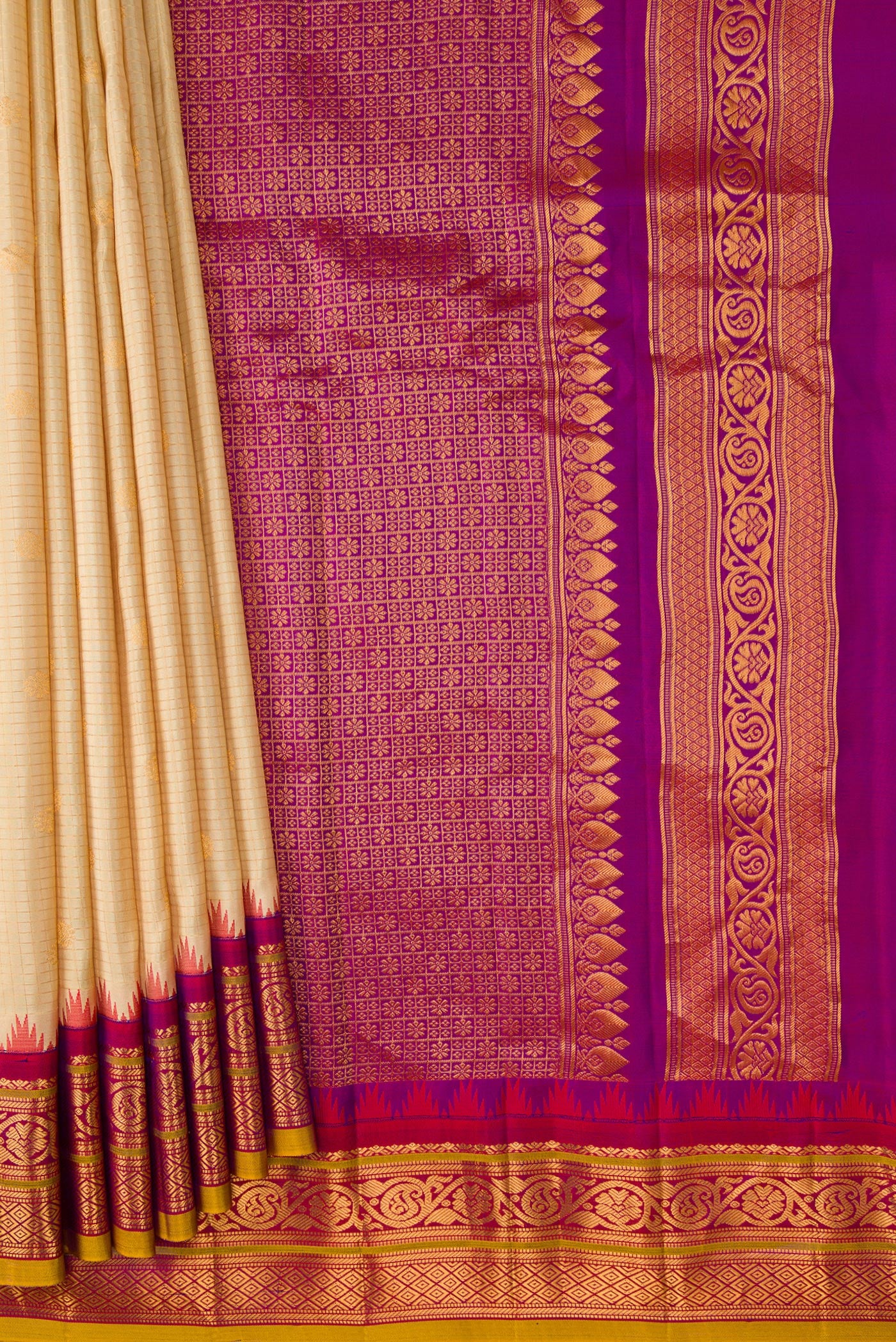 Pleats and pallu of Sandal Dual Tone Gadwal Silk Saree with Zari Butta on the body and Zari Border. 