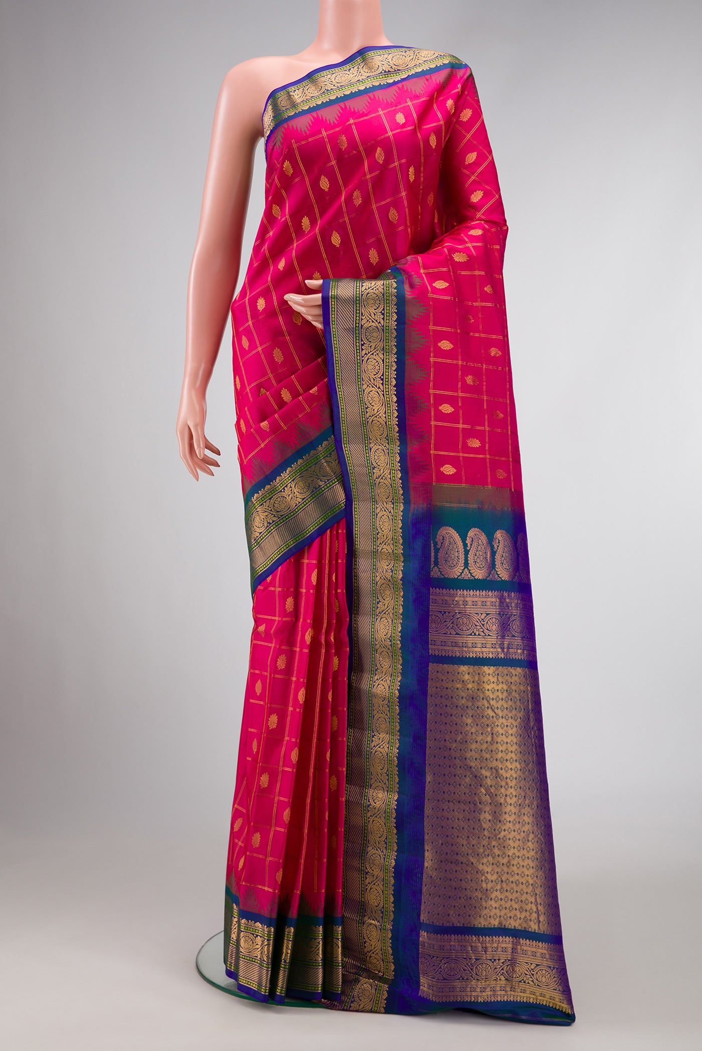 Dark Pink Dual Tone Gadwal Silk Saree with Checked design on the body and Zari Border.  displayed on a mannequin