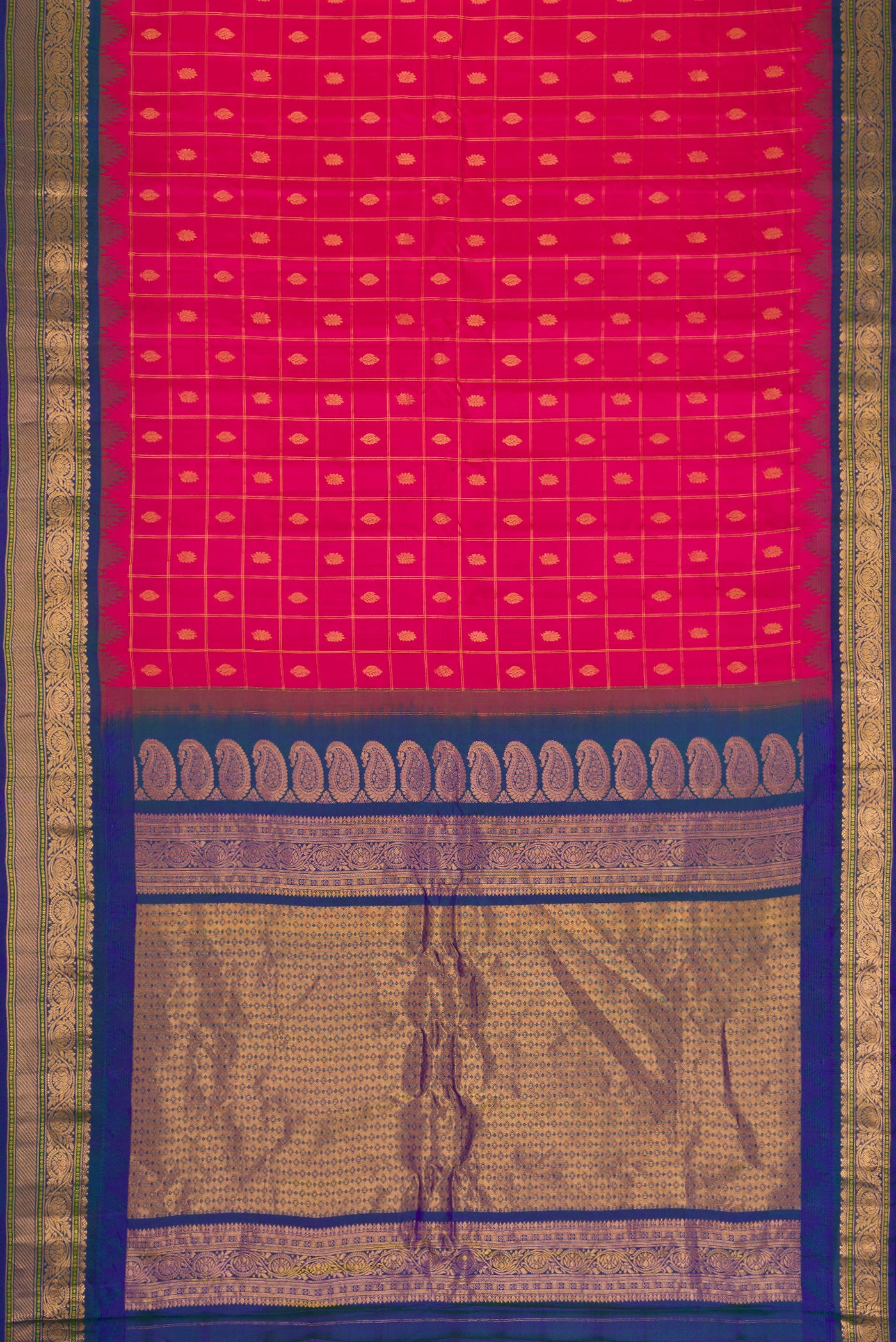Flat view of Dark Pink Dual Tone Gadwal Silk Saree with Checked design on the body and Zari Border. 