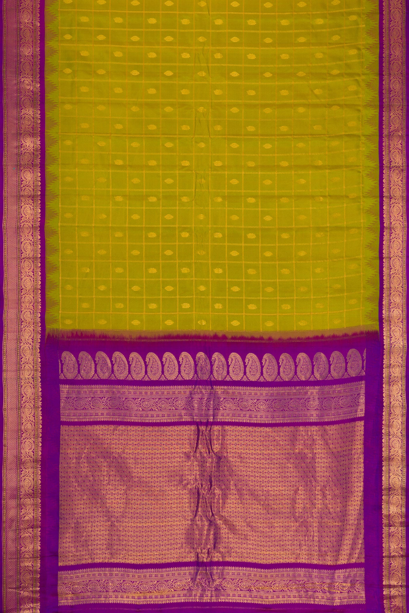 Flat view of Parrot Green Dual Tone Gadwal Silk Saree with Checked design on the body and Zari Border. 