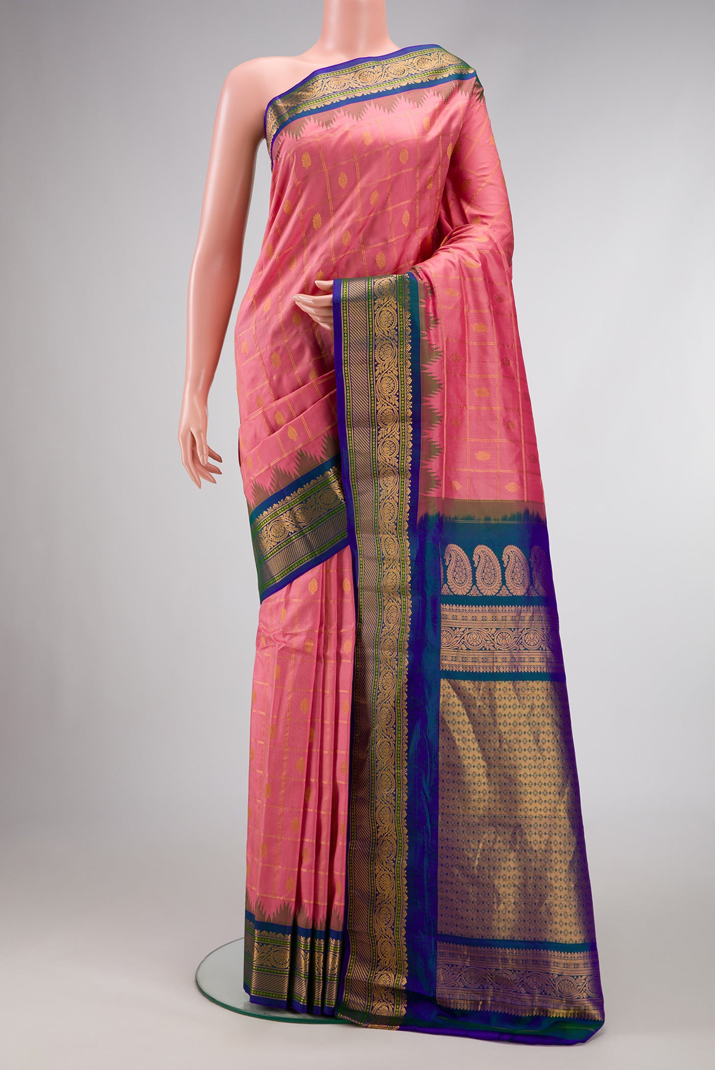 Pink Dual Tone Gadwal Silk Saree with Checked design on the body and Zari Border.  displayed on a mannequin