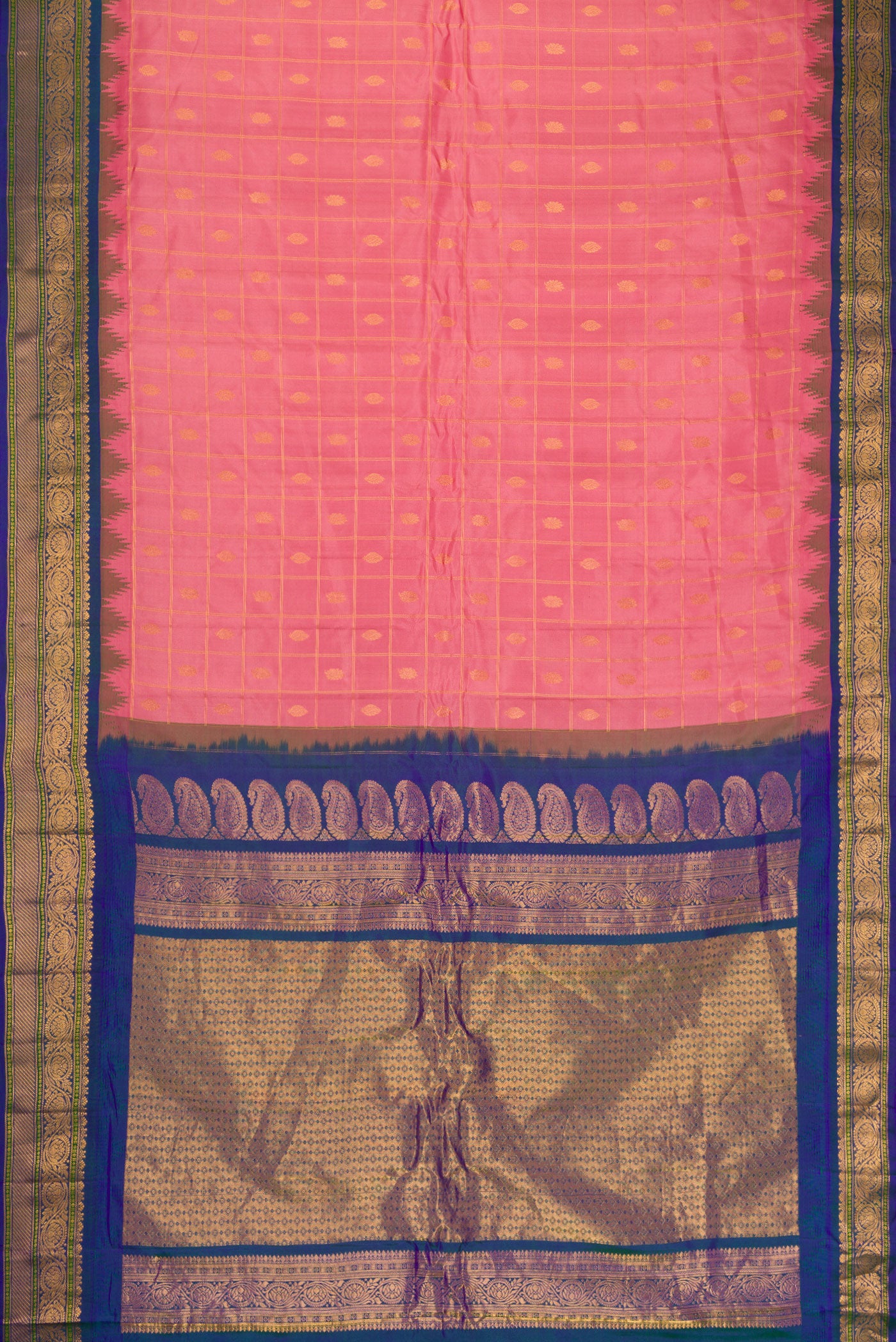 Flat view of Pink Dual Tone Gadwal Silk Saree with Checked design on the body and Zari Border. 